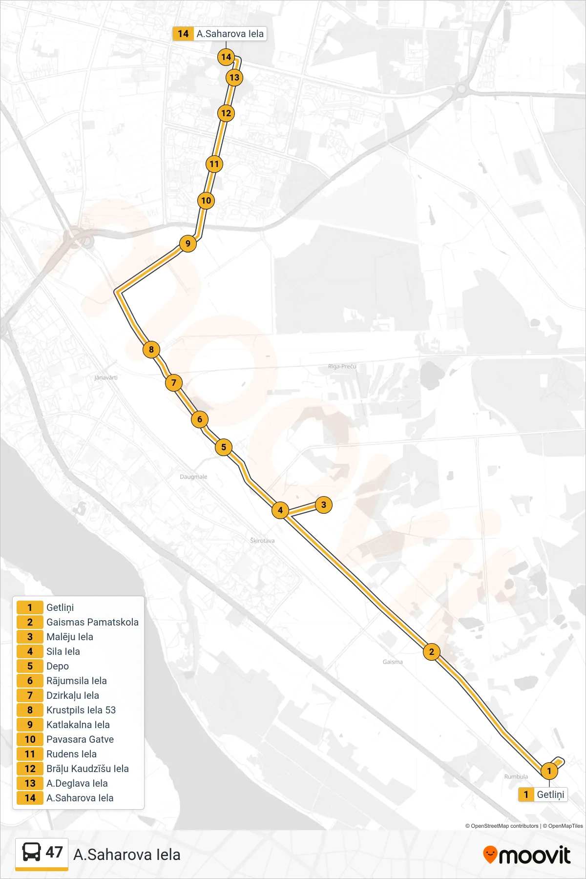 47 bus Line (A.Saharova Iela) route and stops on a map