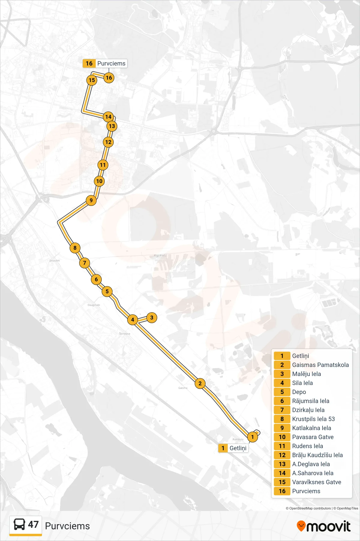 47 bus Line (Purvciems) route and stops on a map