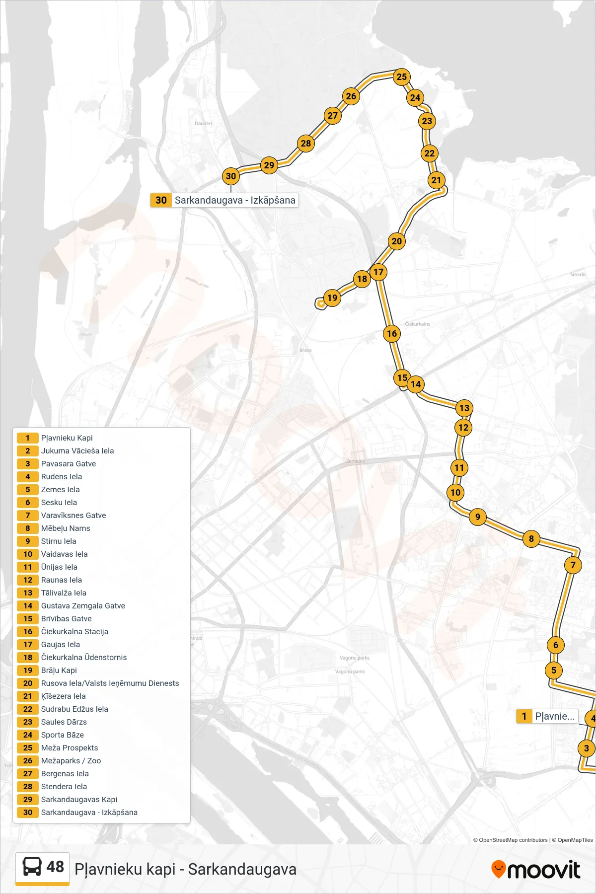 48 bus Line (Sarkandaugava) route and stops on a map