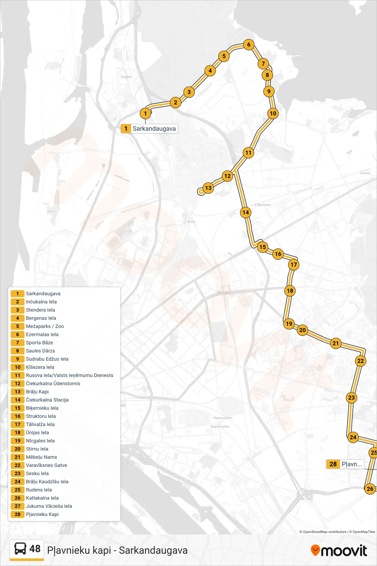 48 bus Line (Pļavnieku Kapi) route and stops on a map