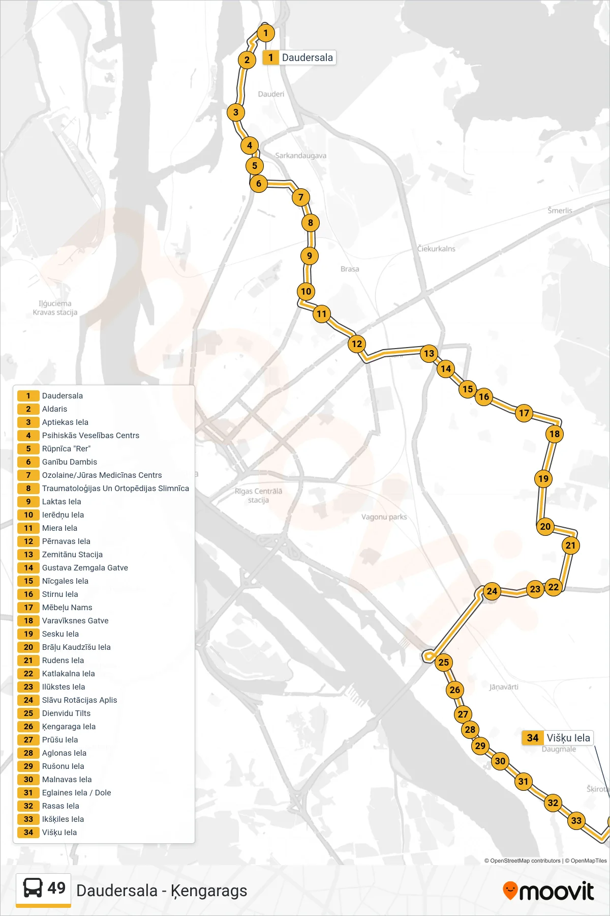 49 bus Line (Ķengarags) route and stops on a map