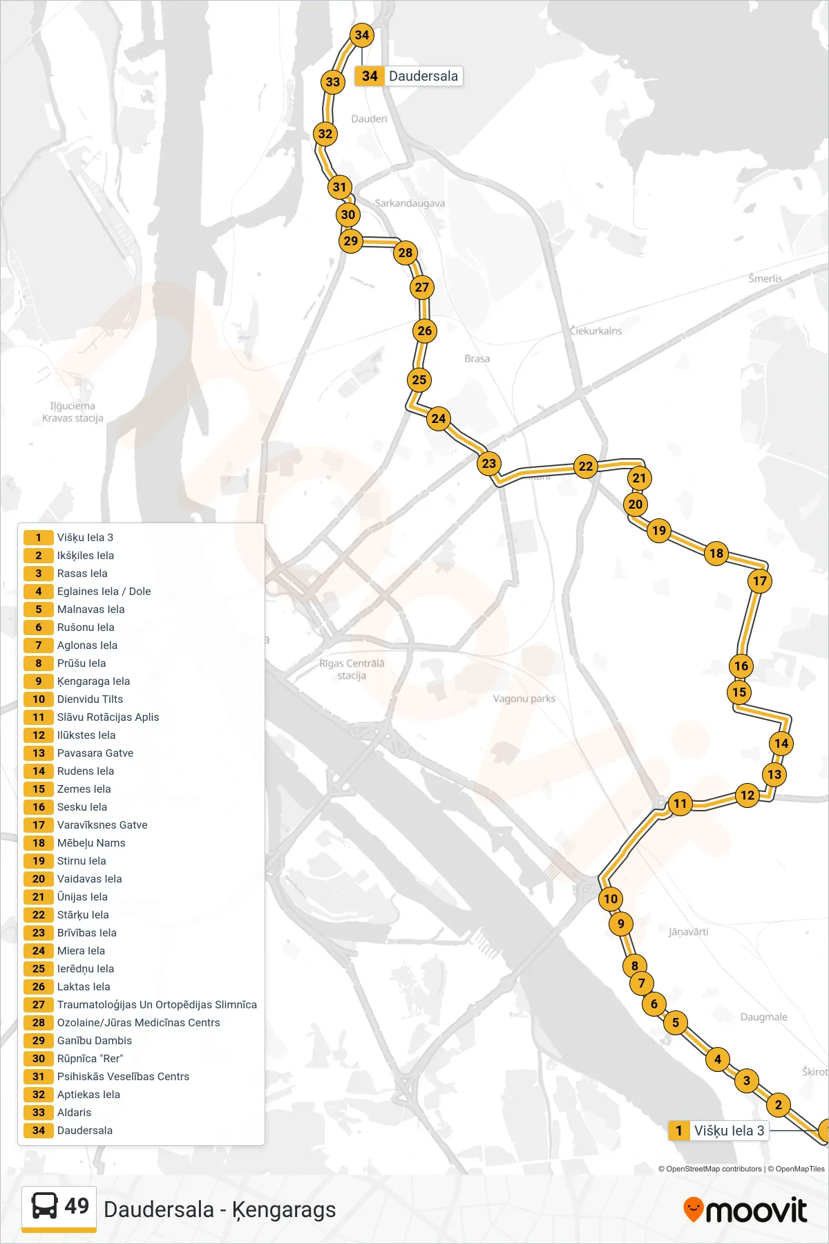 49 bus Line (Daudersala) route and stops on a map