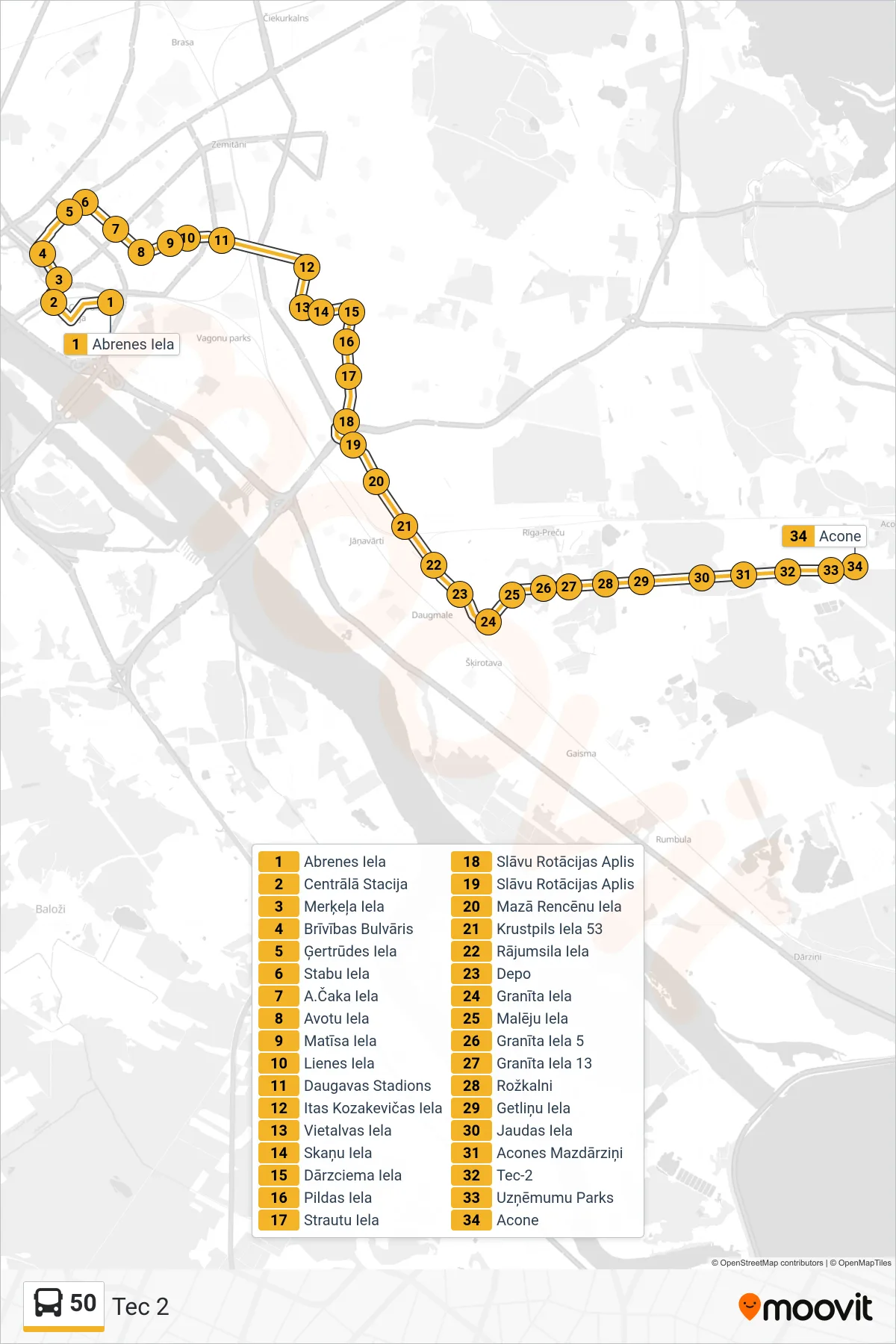 50 bus Line (Tec 2) route and stops on a map