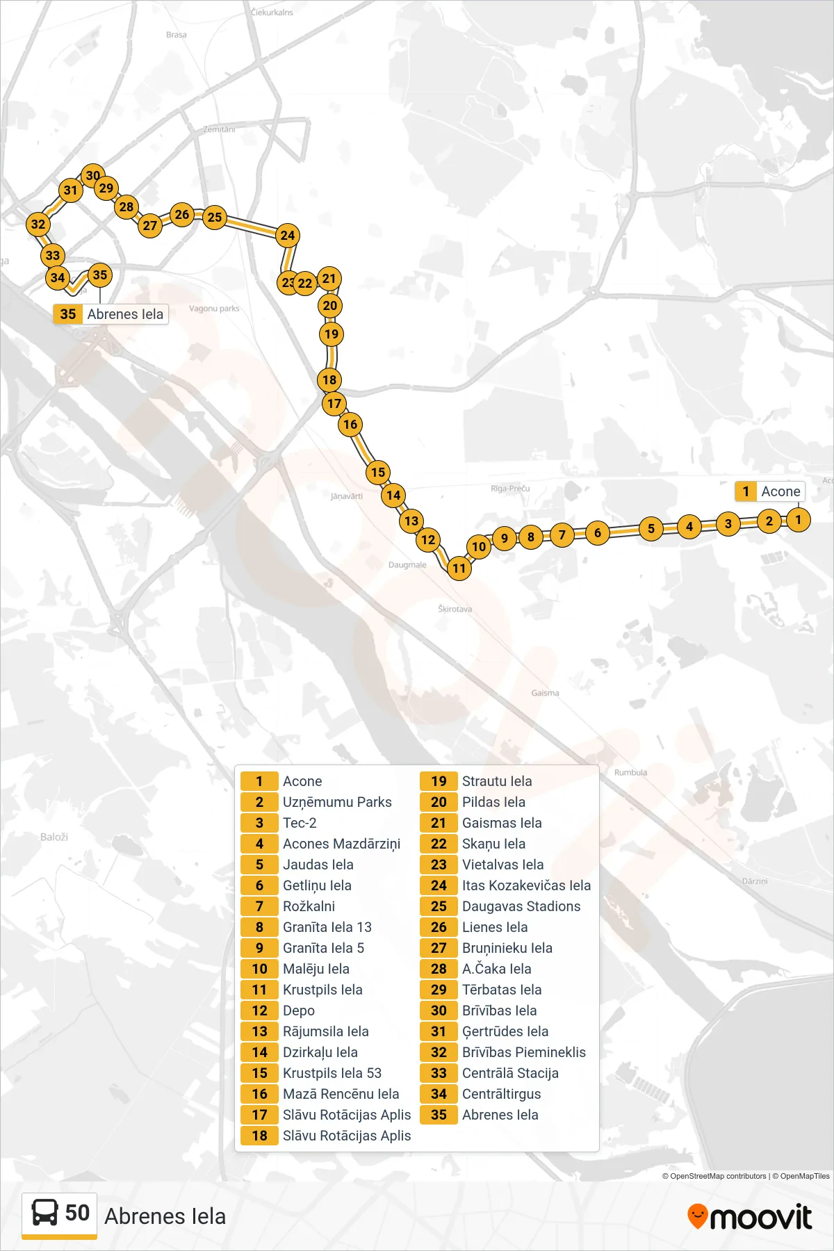 50 bus Line (Abrenes Iela) route and stops on a map