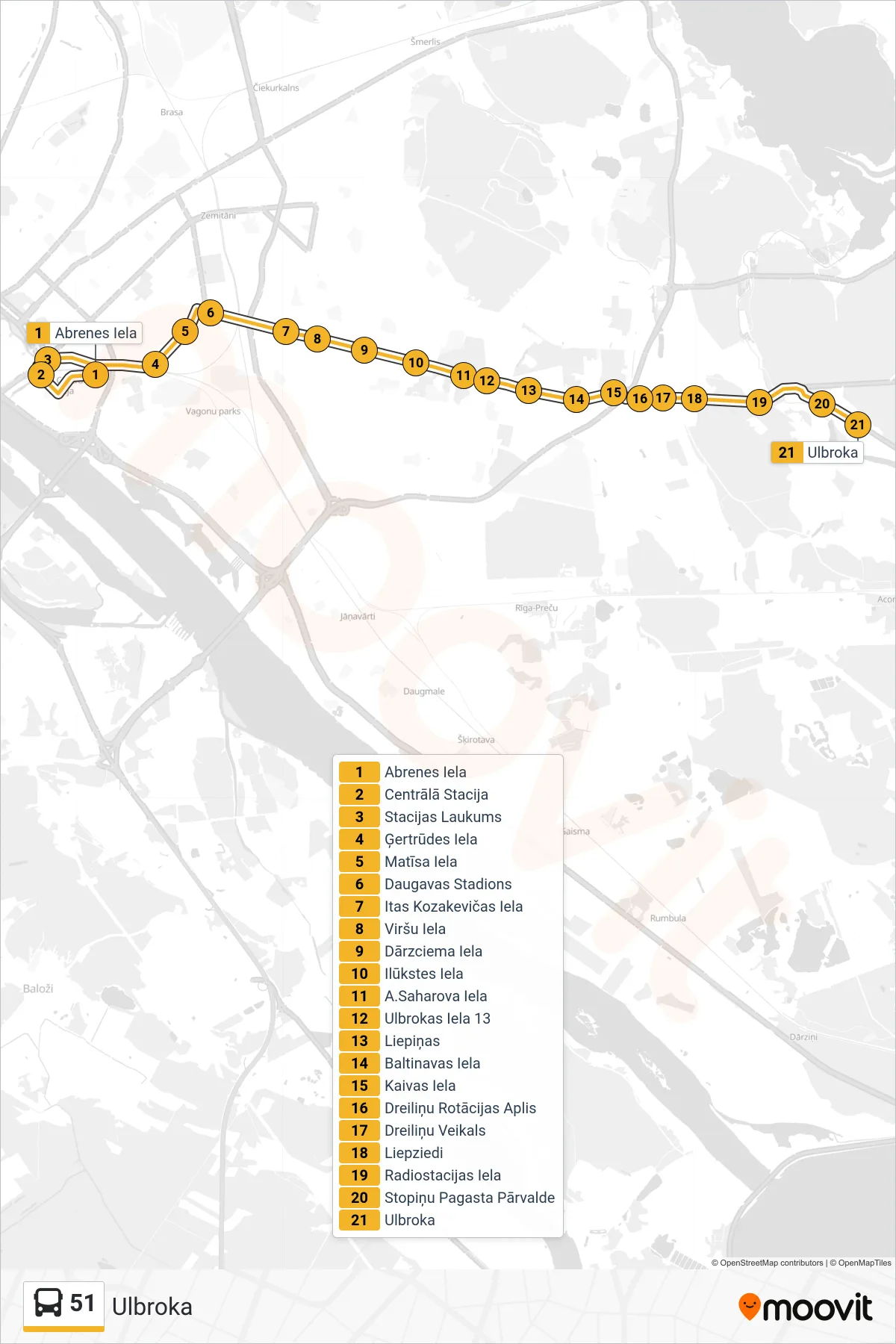 51 bus Line (Ulbroka) route and stops on a map