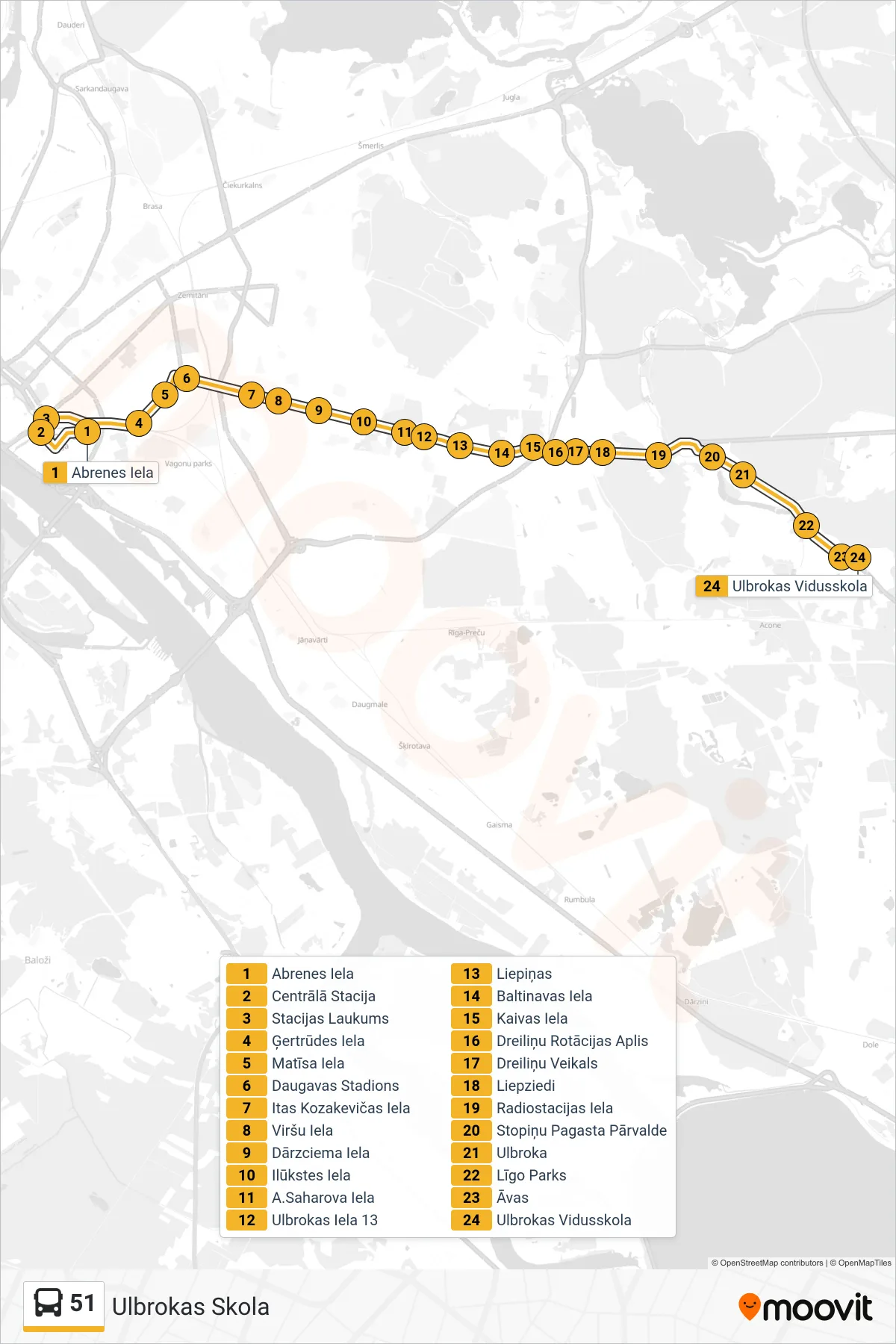 51 bus Line (Ulbrokas Skola) route and stops on a map