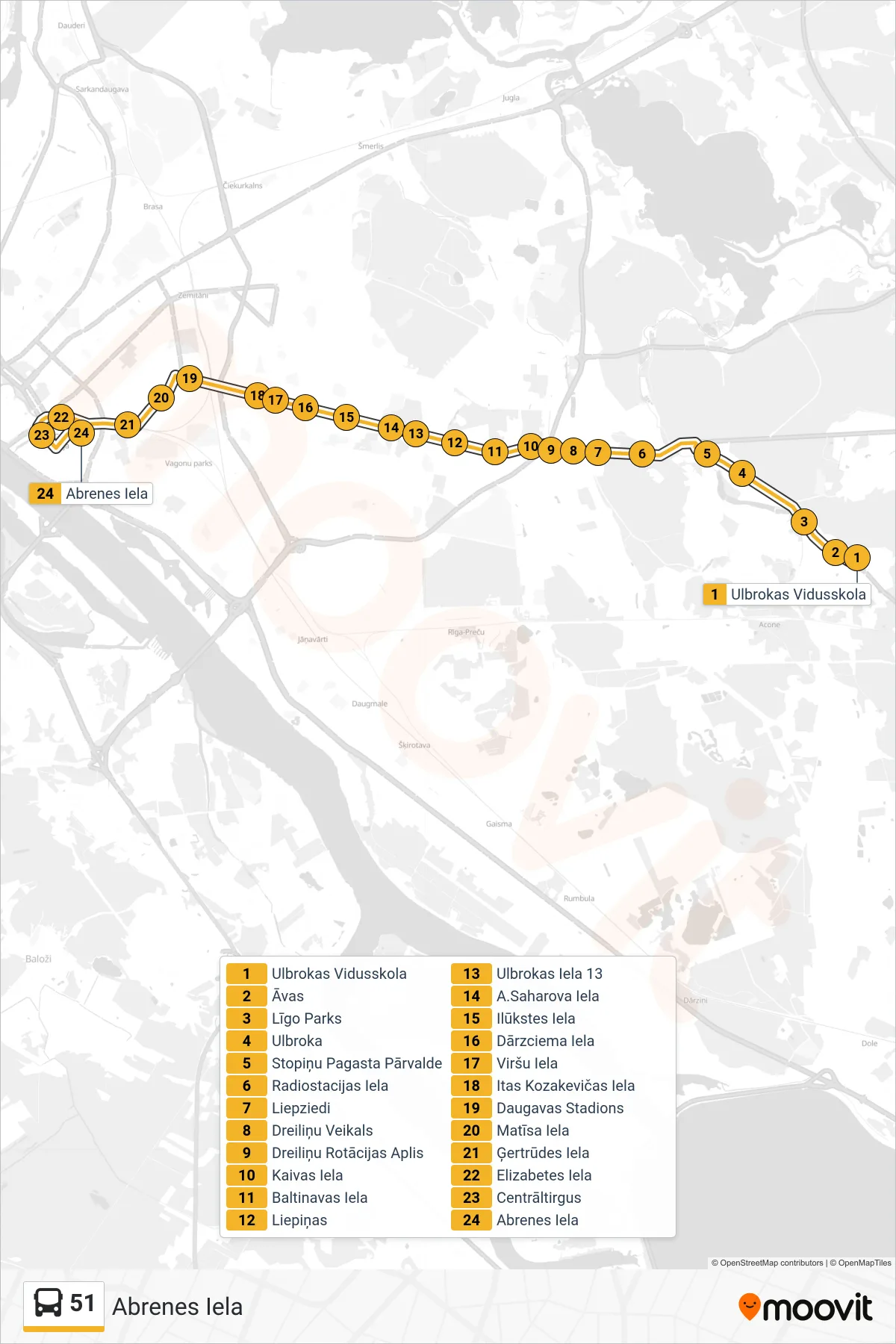 51 bus Line (Abrenes Iela) route and stops on a map