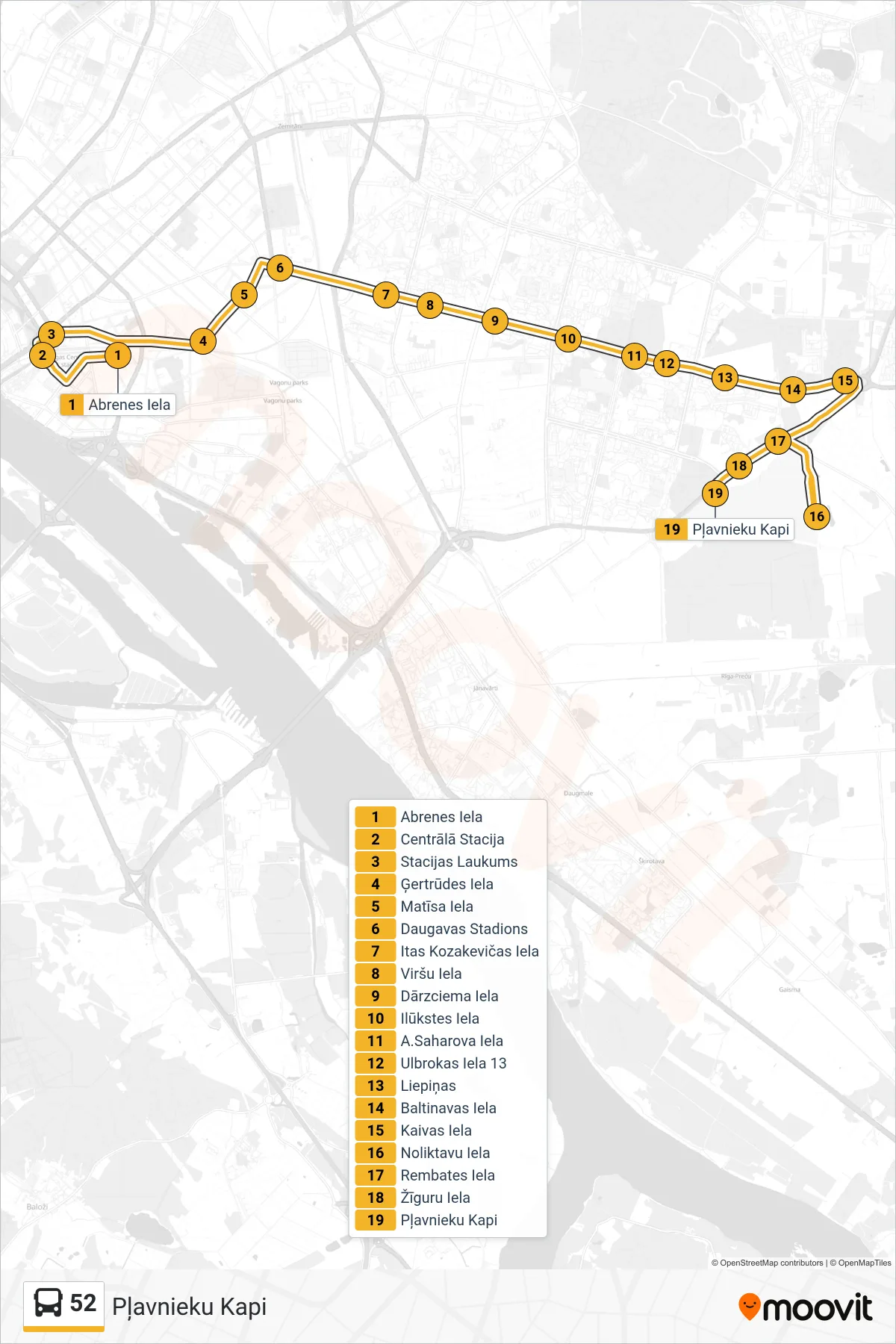52 bus Line (Pļavnieku Kapi) route and stops on a map