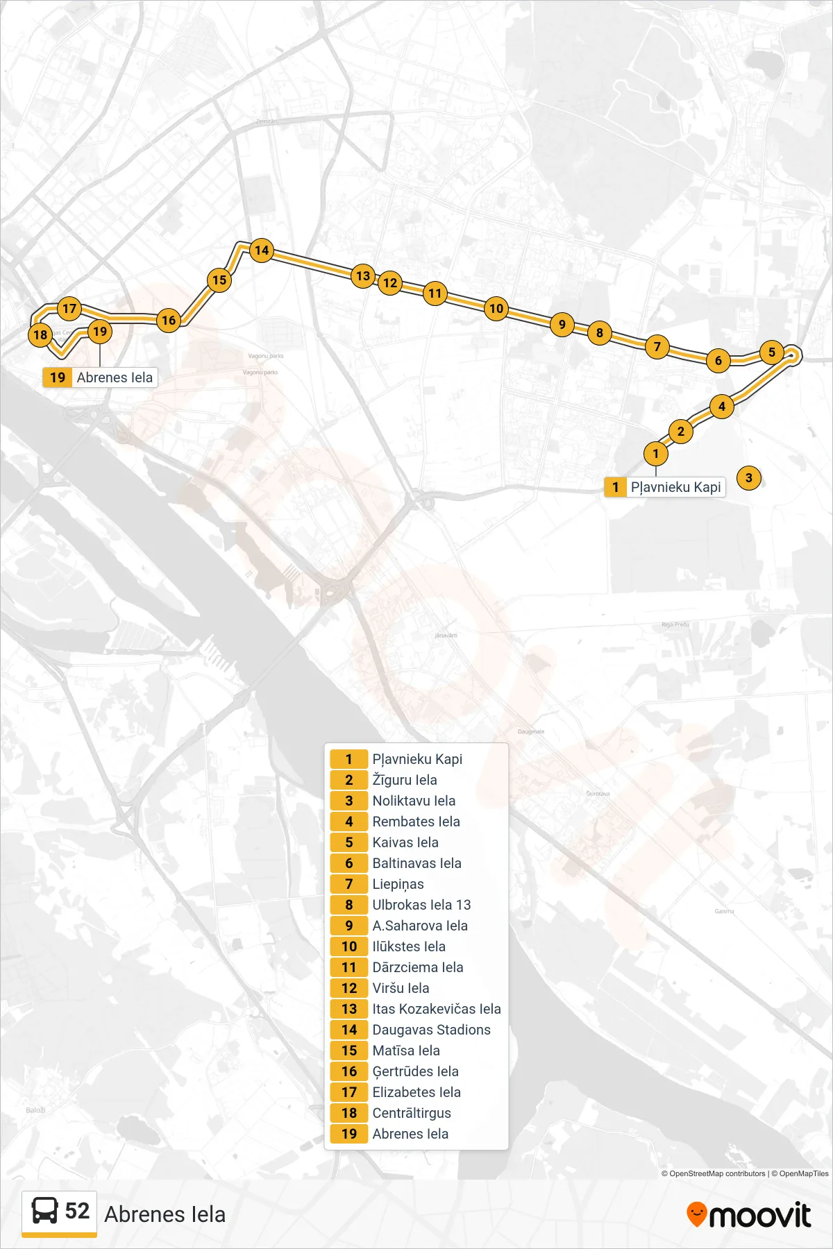52 bus Line (Abrenes Iela) route and stops on a map