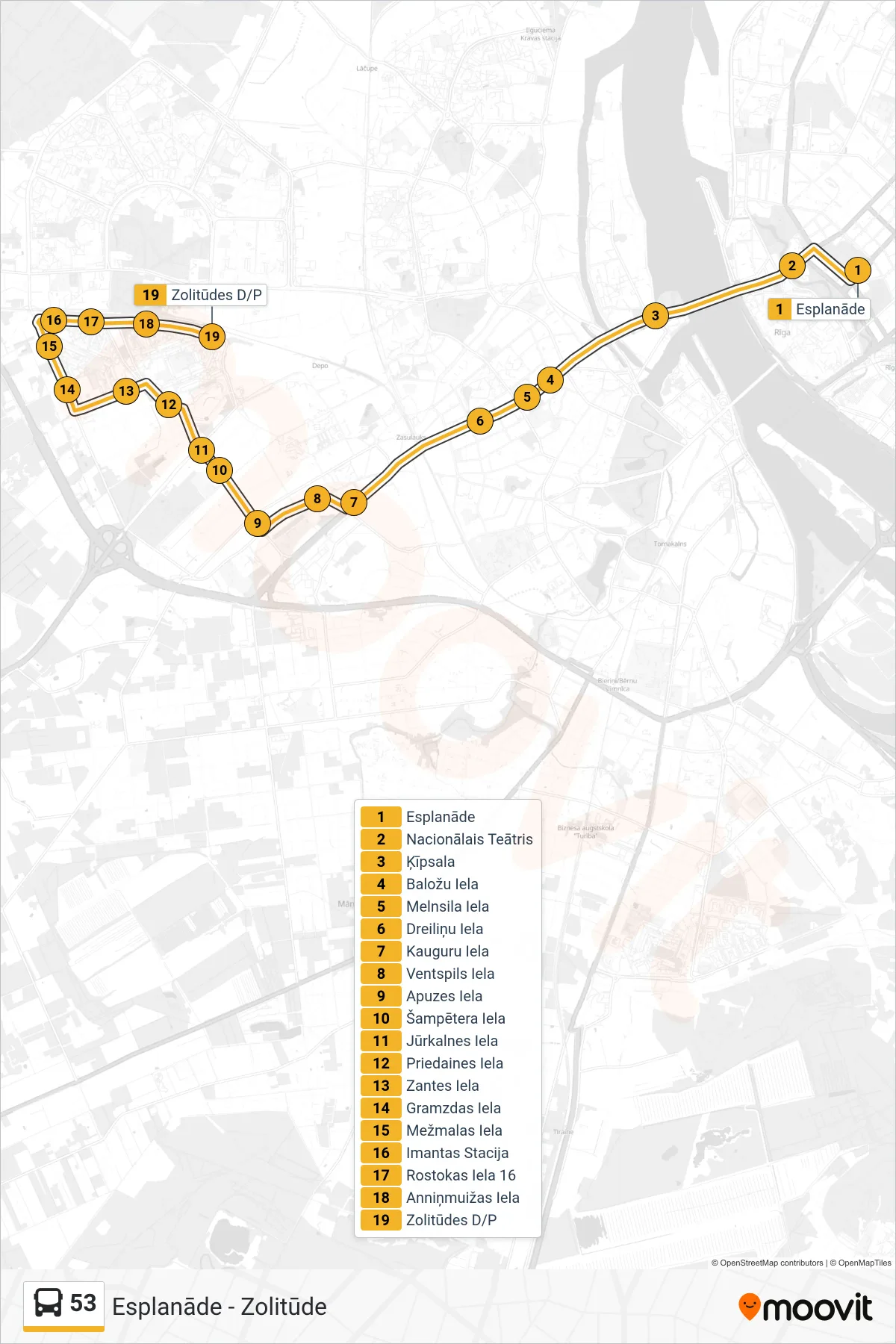 53 bus Line (Zolitūde) route and stops on a map