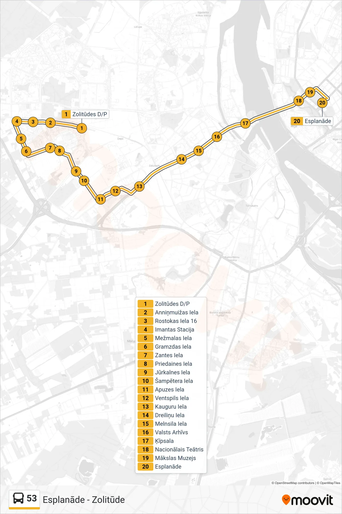 53 bus Line (Esplanāde) route and stops on a map
