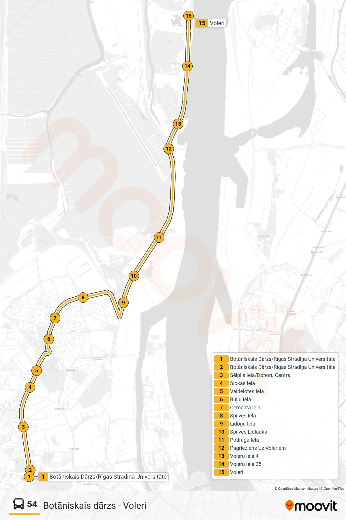 54 bus Line (Voleri) route and stops on a map