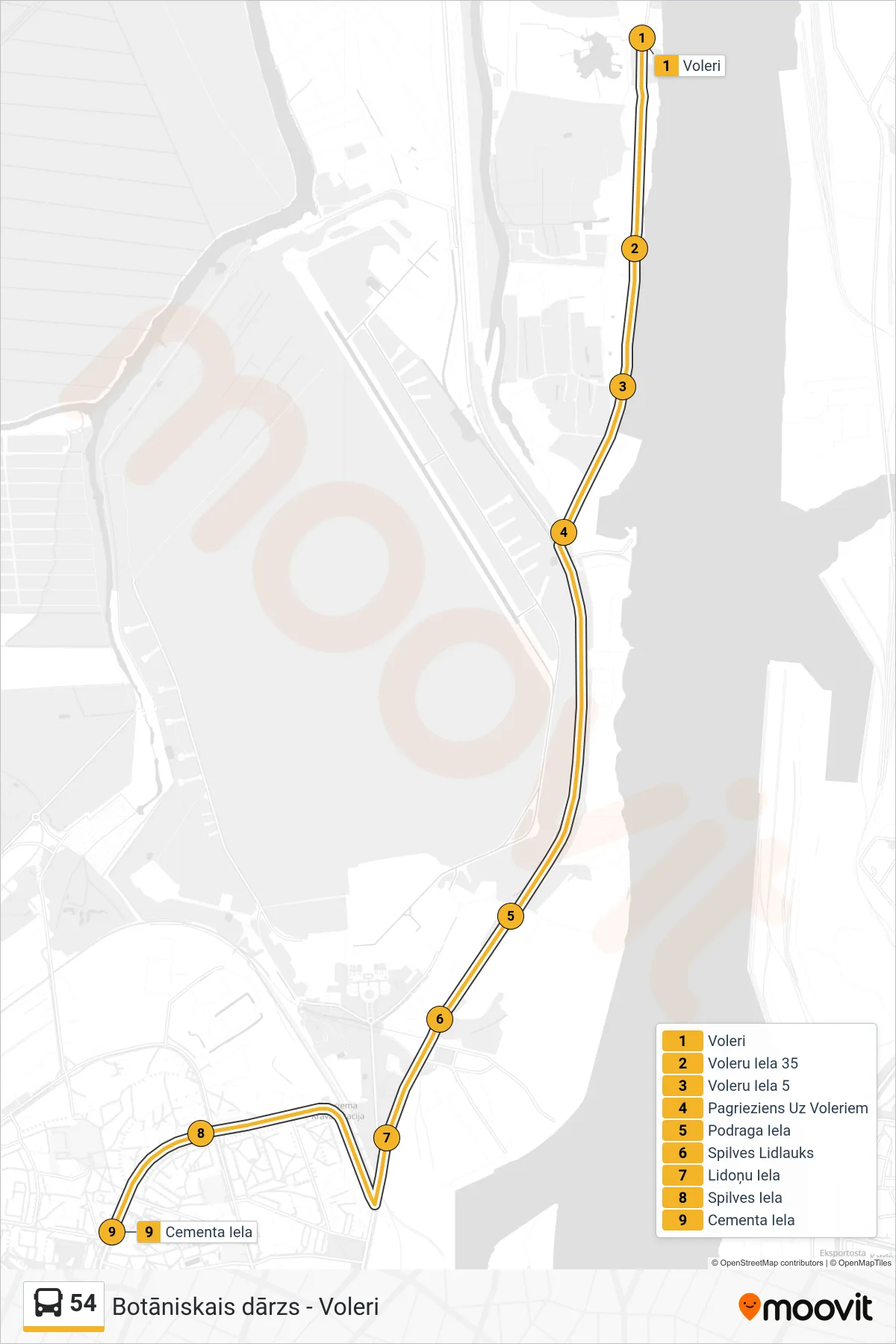 54 bus Line (Cementa Iela) route and stops on a map