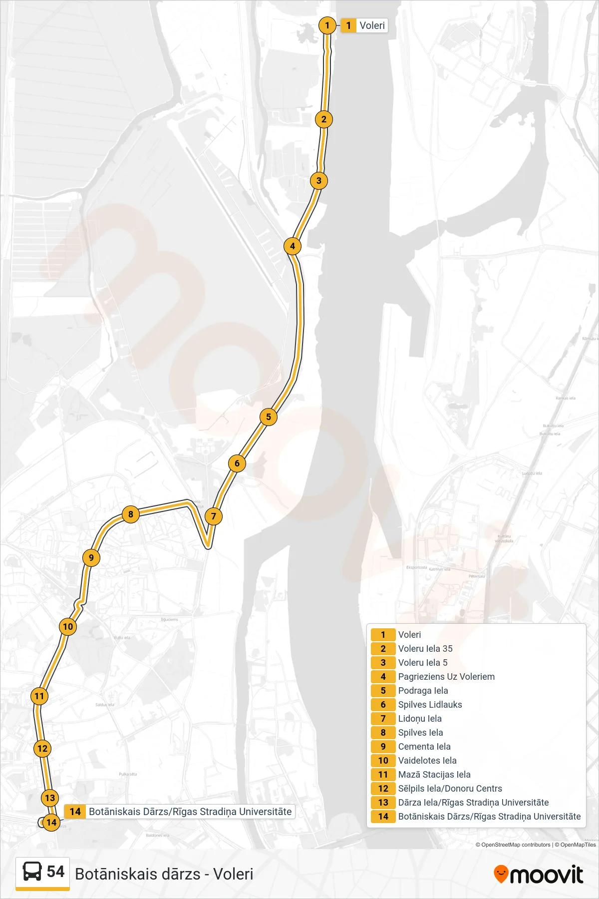 54 bus Line (Botāniskais Dārzs) route and stops on a map