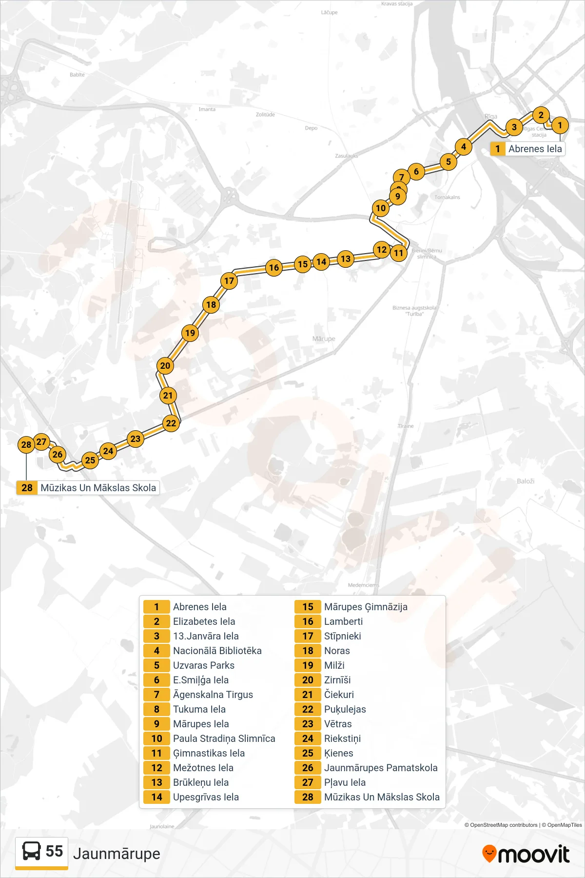 55 bus Line (Jaunmārupe) route and stops on a map