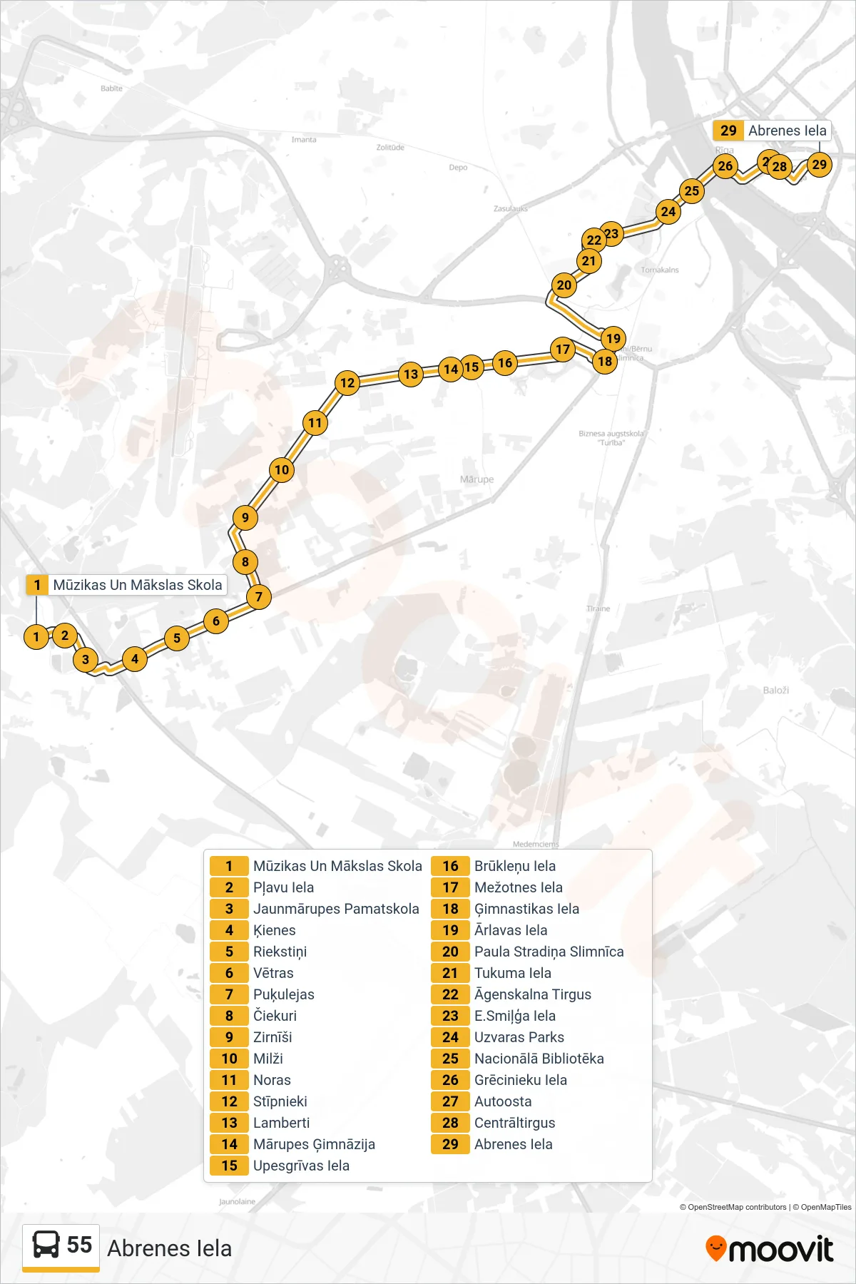 55 bus Line (Abrenes Iela) route and stops on a map