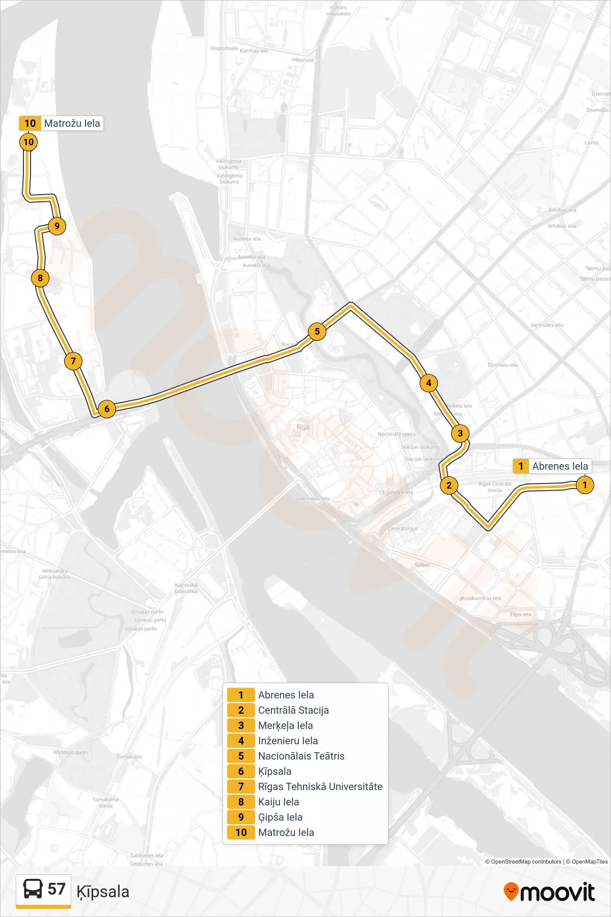57 bus Line (Ķīpsala) route and stops on a map