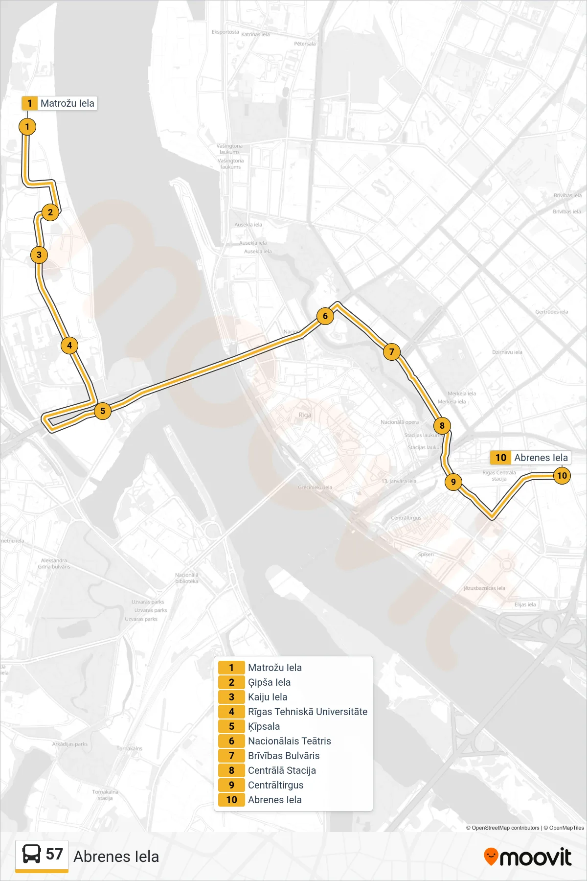 57 bus Line (Abrenes Iela) route and stops on a map