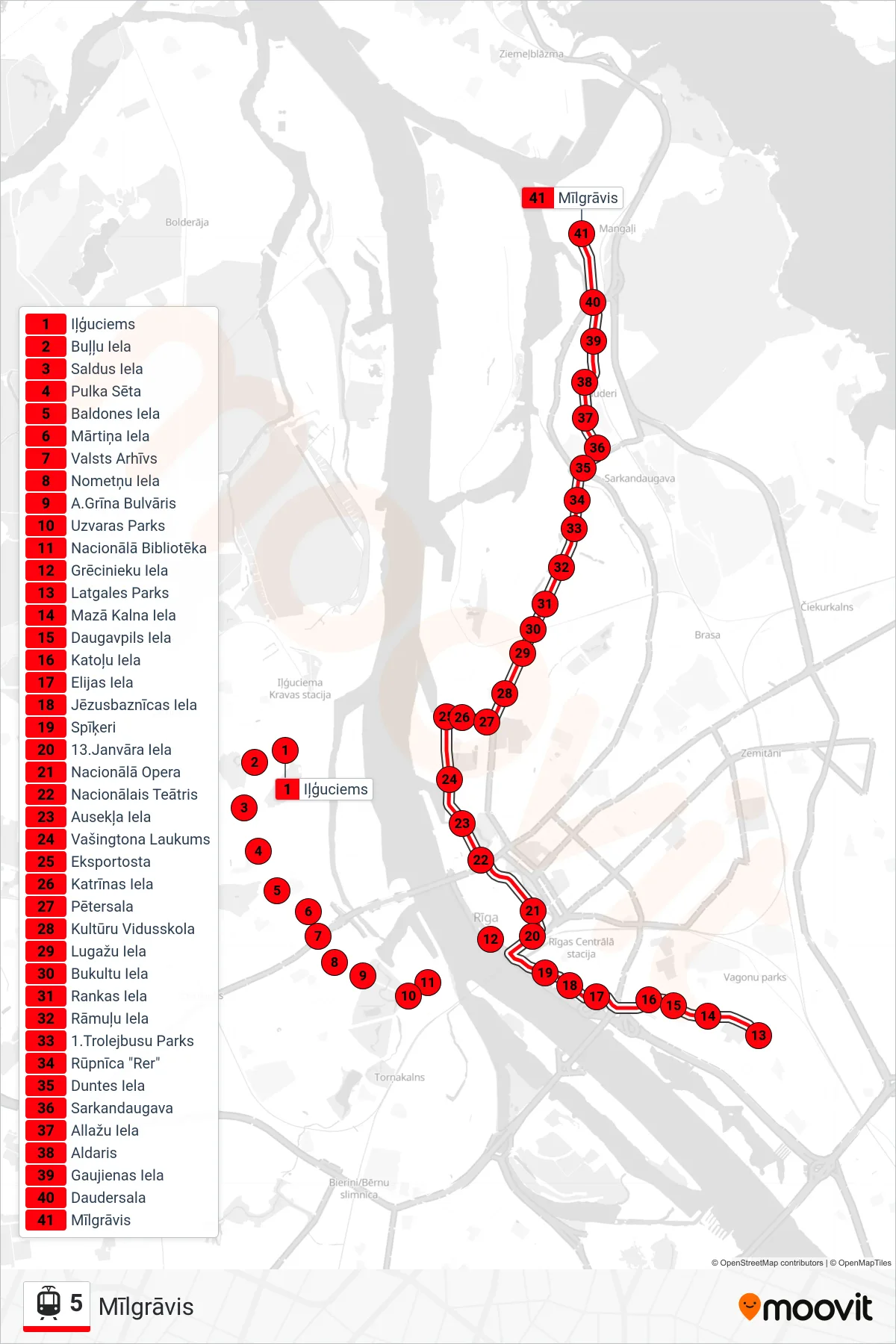 5 light rail Line (Mīlgrāvis) route and stops on a map