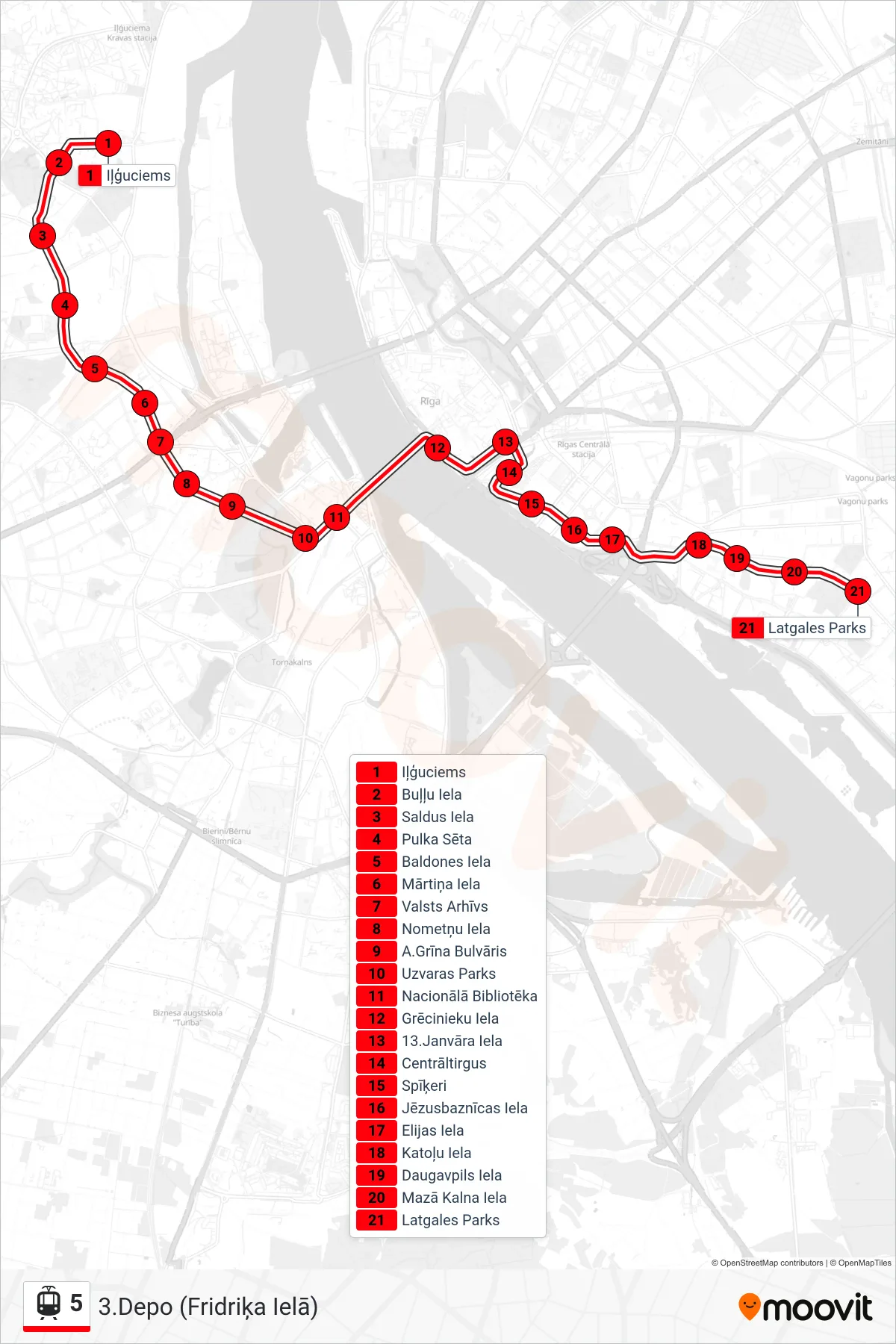 5 light rail Line (3.Depo (Fridriķa Ielā)) route and stops on a map