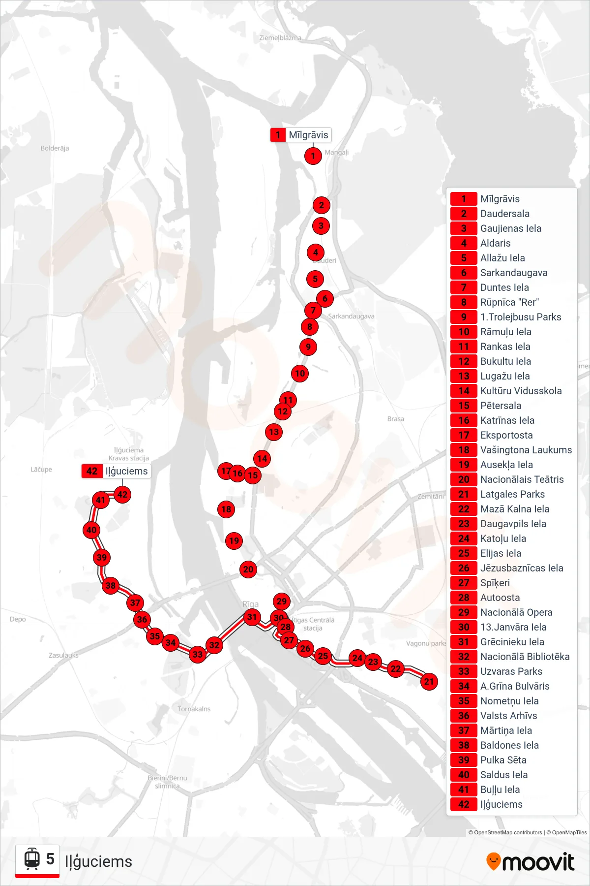 5 tram Line (Iļģuciems) route and stops on a map