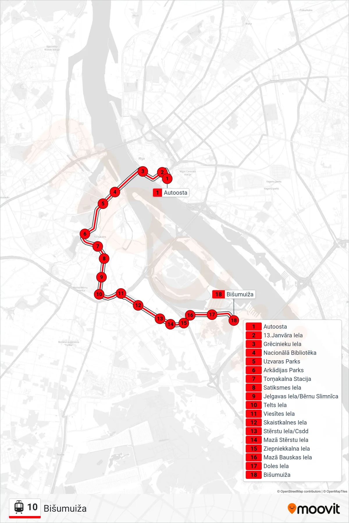 10 tram Line (Bišumuiža) route and stops on a map