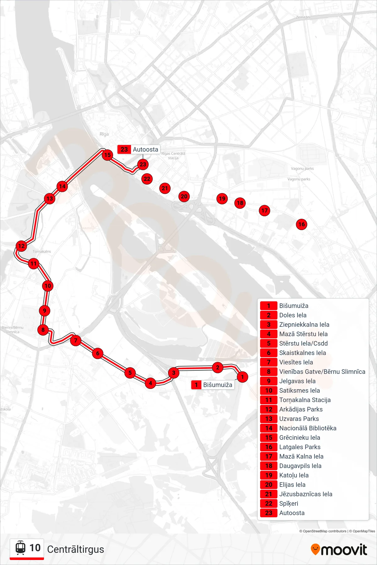 10 tram Line (Centrāltirgus) route and stops on a map