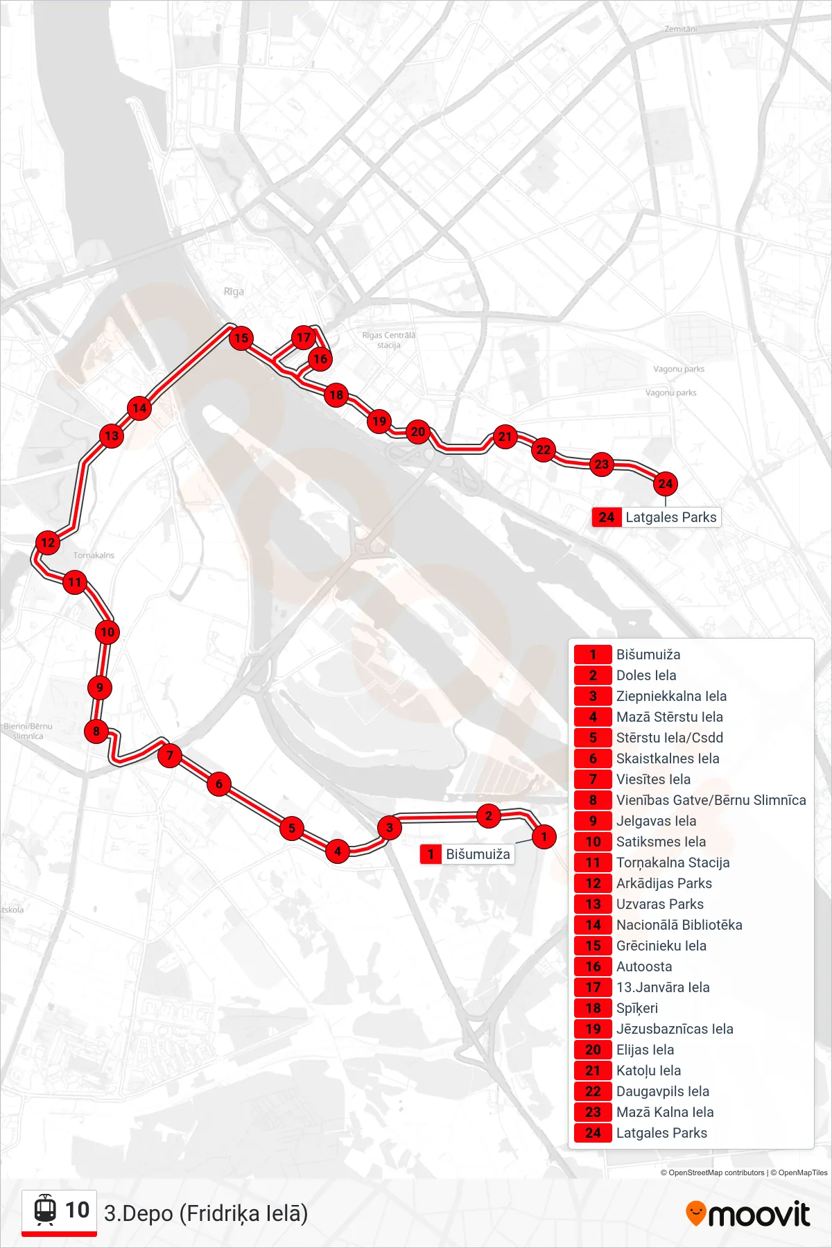 10 light rail Line (3.Depo (Fridriķa Ielā)) route and stops on a map