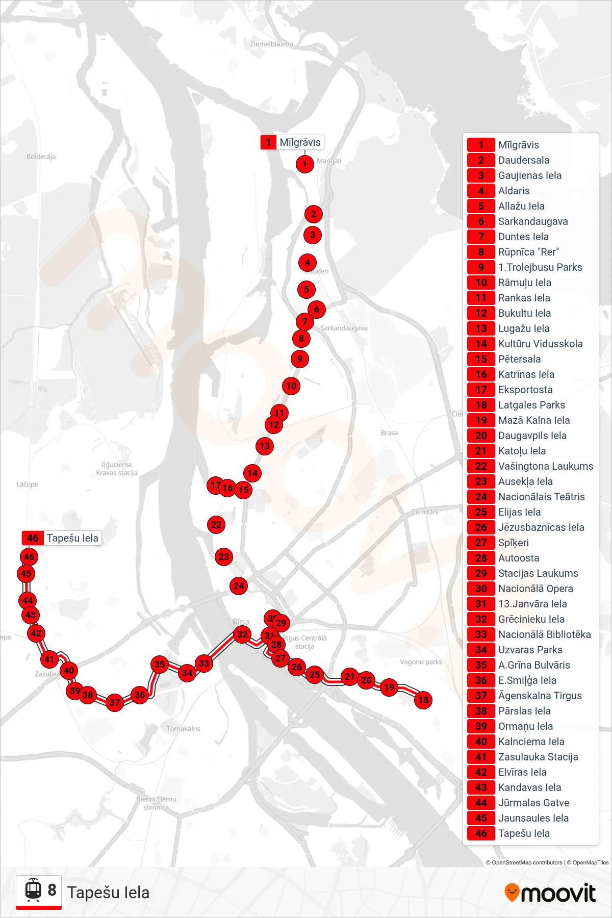 8 light rail Line (Tapešu Iela) route and stops on a map
