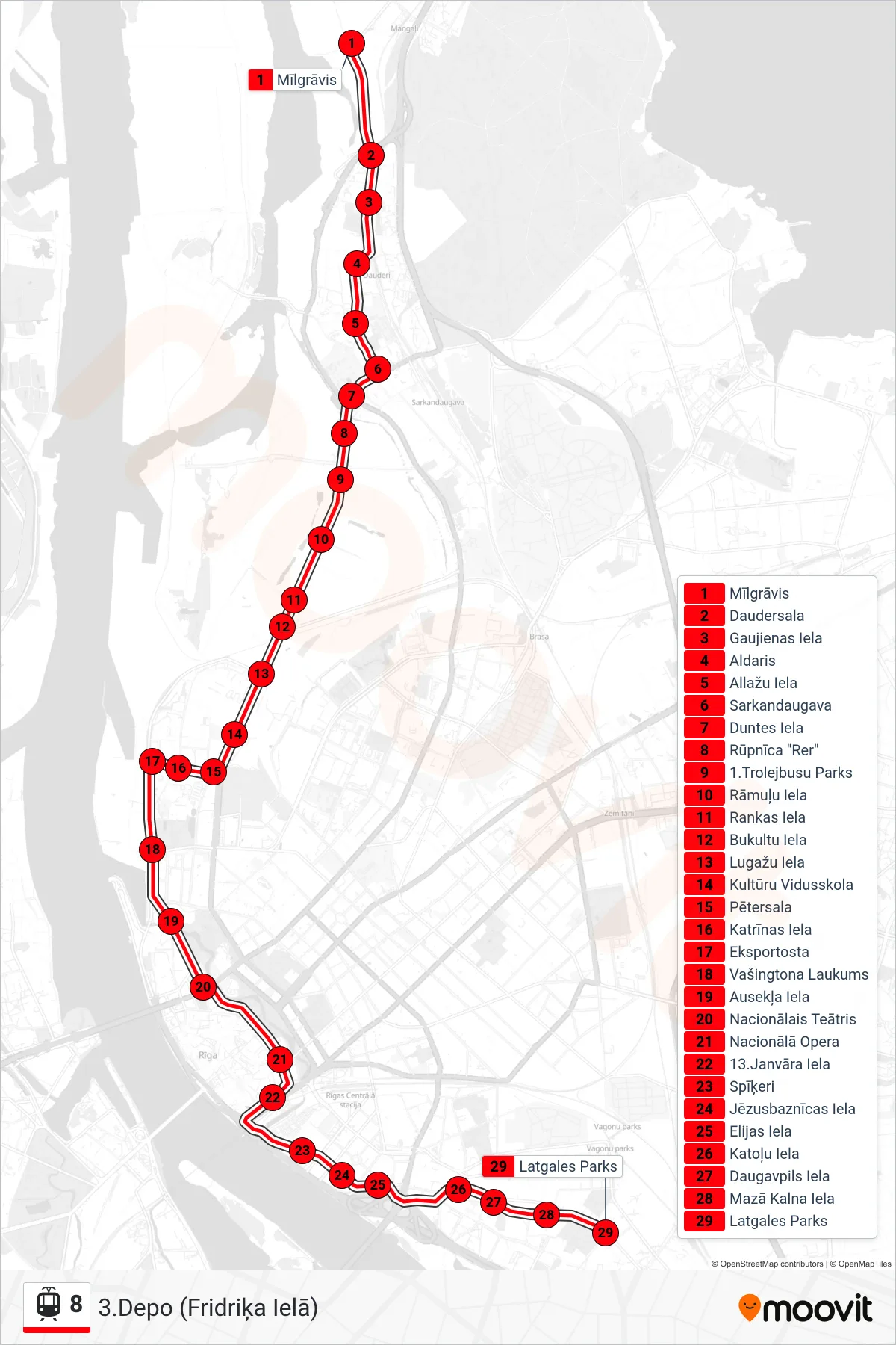 8 light rail Line (3.Depo (Fridriķa Ielā)) route and stops on a map