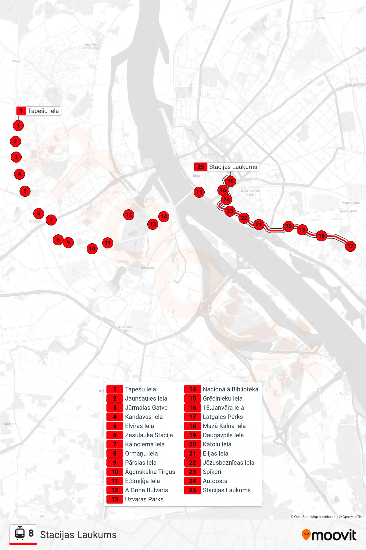 8 tram Line (Stacijas Laukums) route and stops on a map