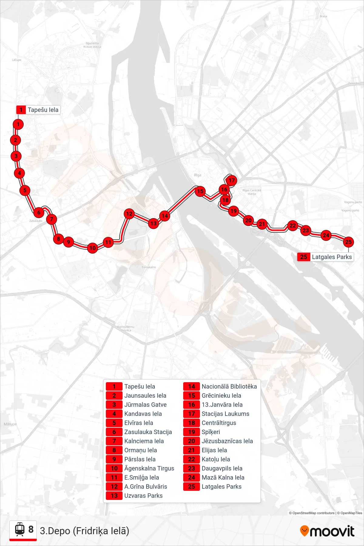 8 tram Line (3.Depo (Fridriķa Ielā)) route and stops on a map