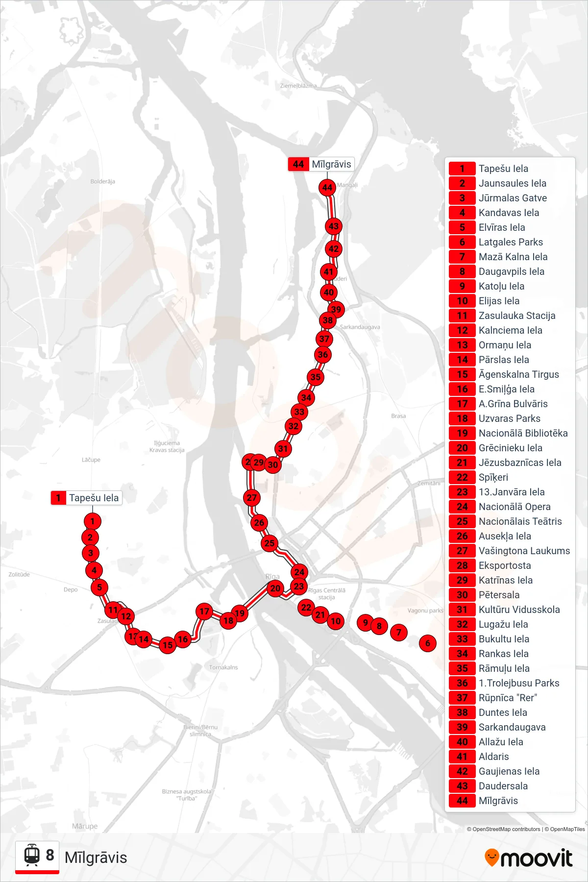 8 light rail Line (Mīlgrāvis) route and stops on a map
