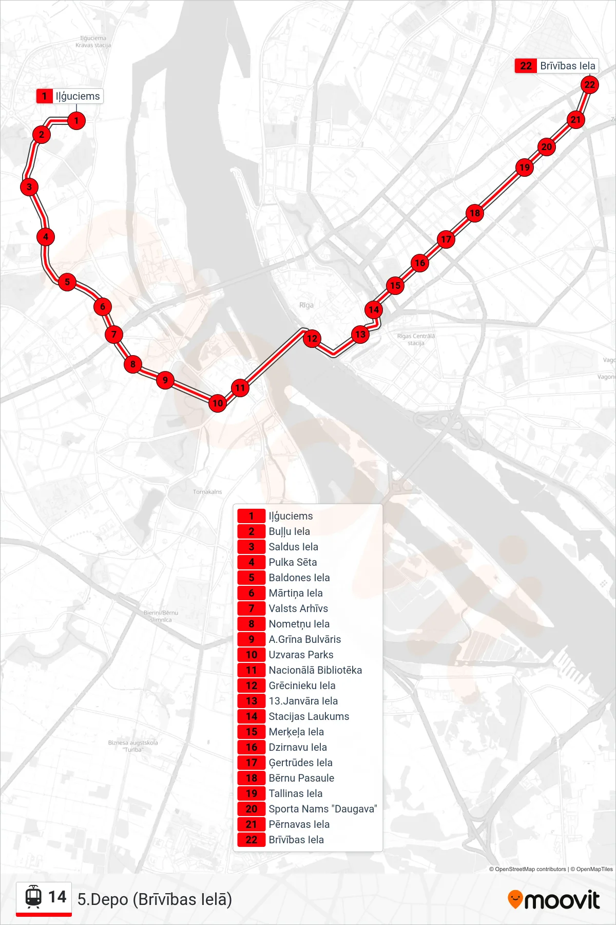 14 light rail Line (5.Depo (Brīvības Ielā)) route and stops on a map