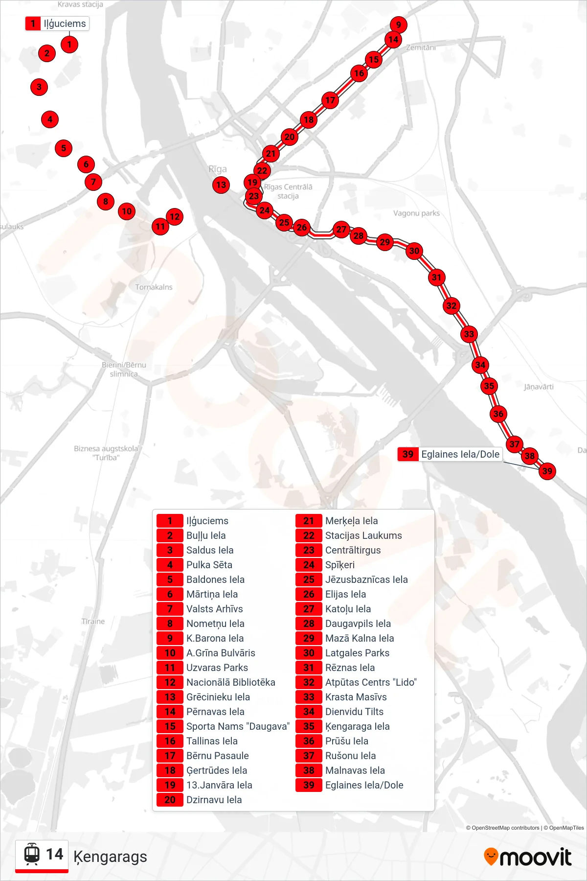 14 tram Line (Ķengarags) route and stops on a map