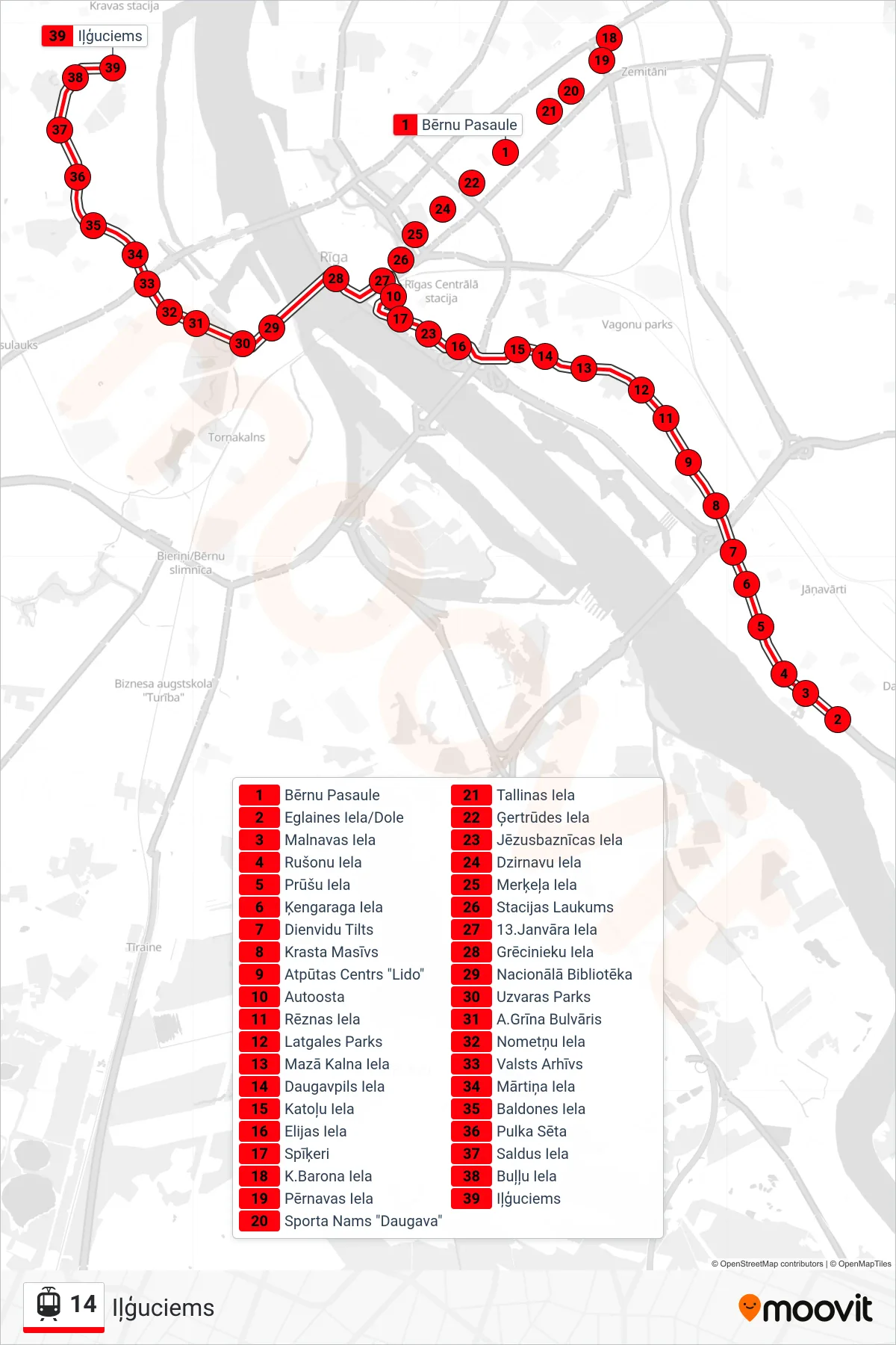 14 tram Line (Iļģuciems) route and stops on a map