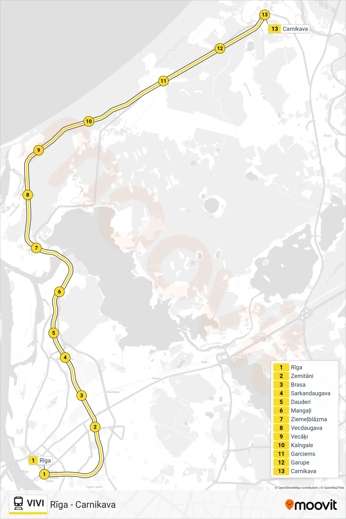 VIVI train Line (Rīga - Carnikava) route and stops on a map
