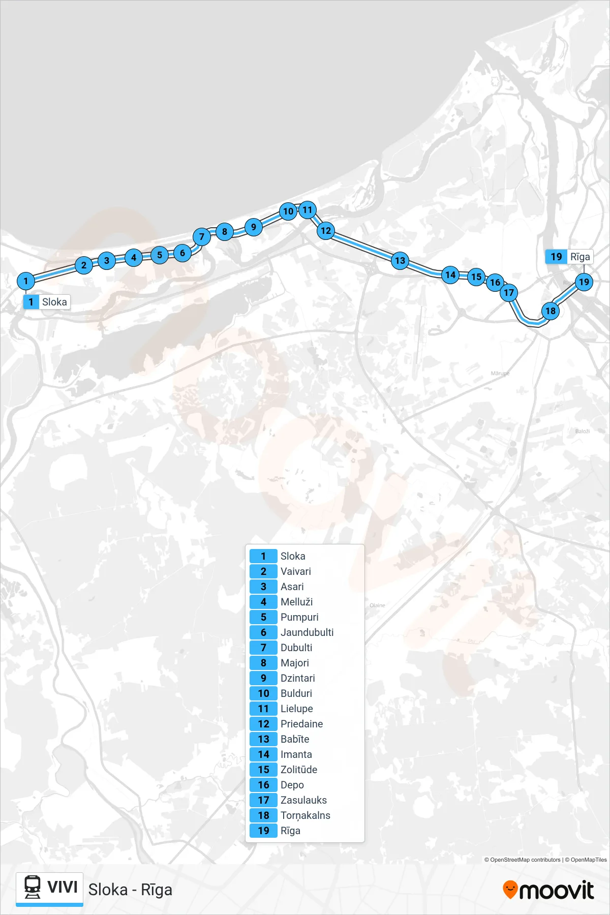 VIVI train Line (Sloka - Rīga) route and stops on a map