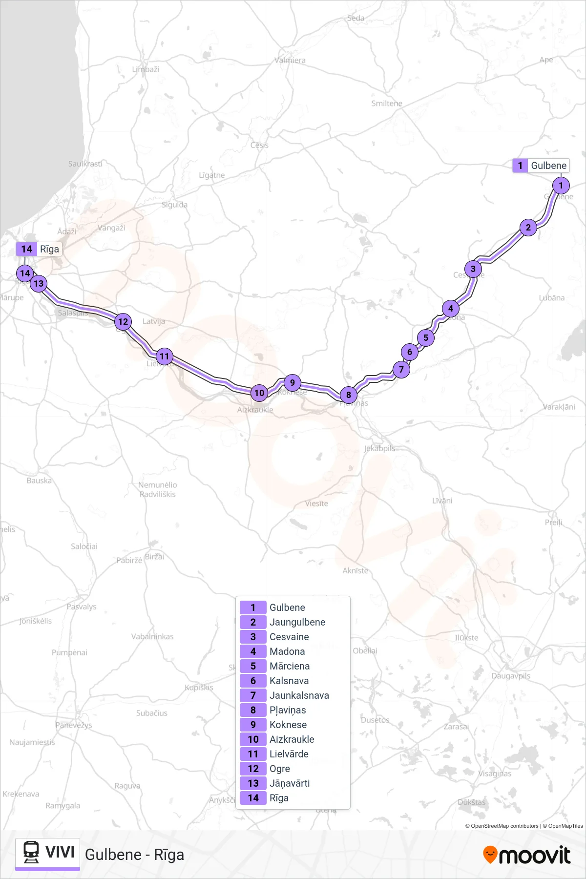 VIVI train Line (Gulbene - Rīga) route and stops on a map