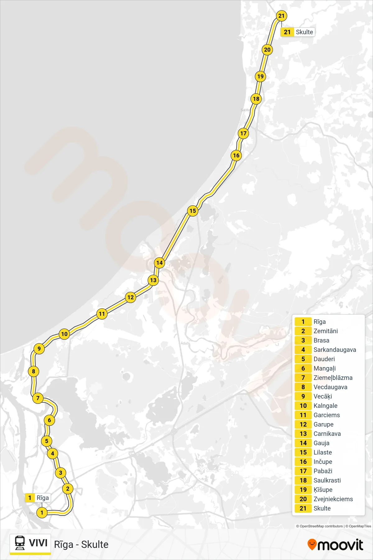 VIVI rail Line (Rīga - Skulte) route and stops on a map