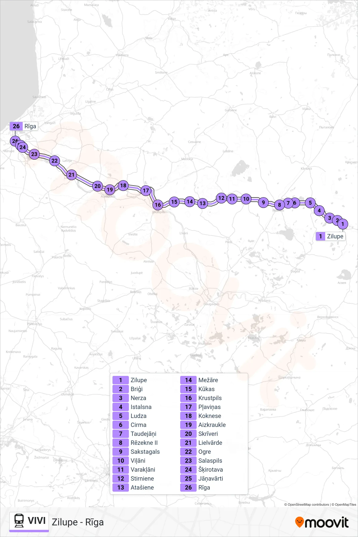 VIVI rail Line (Zilupe - Rīga) route and stops on a map
