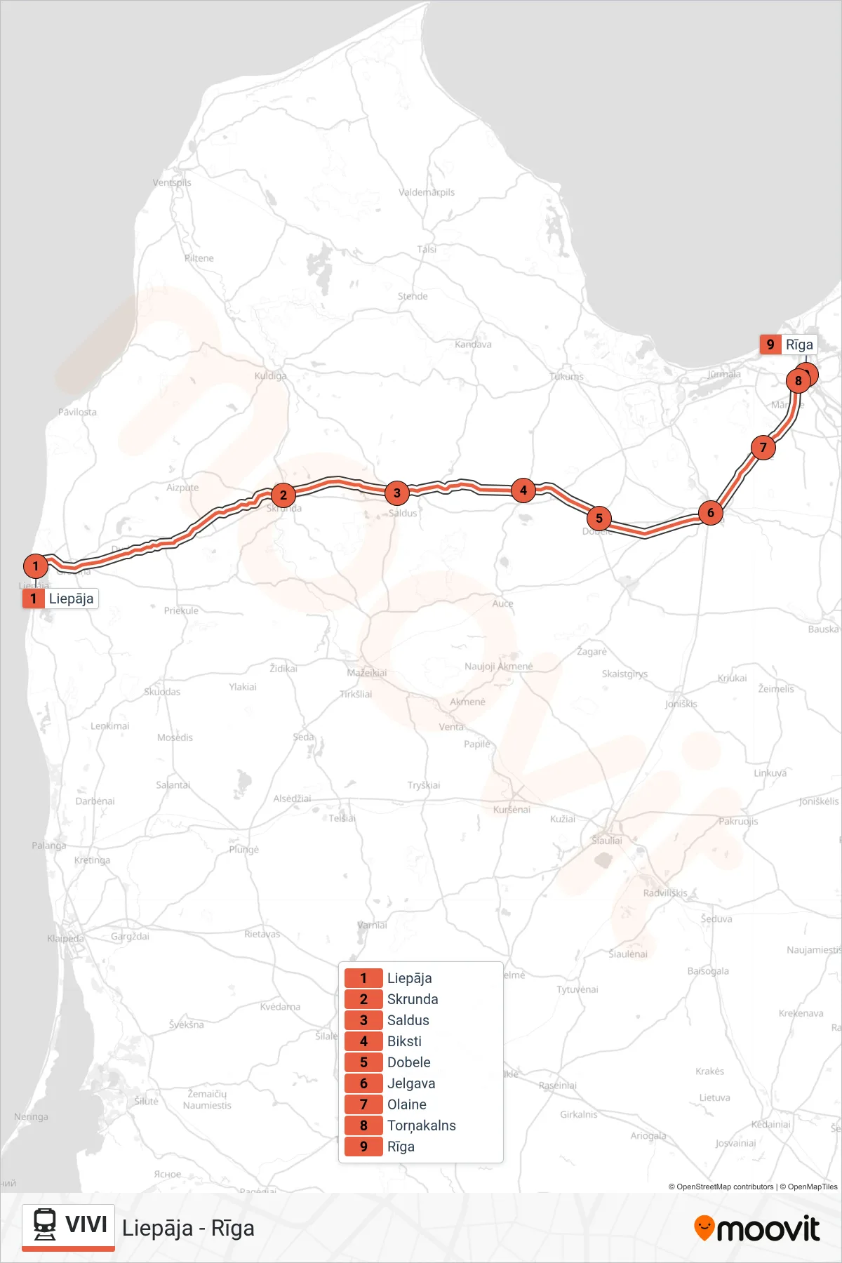 VIVI rail Line (Liepāja - Rīga) route and stops on a map