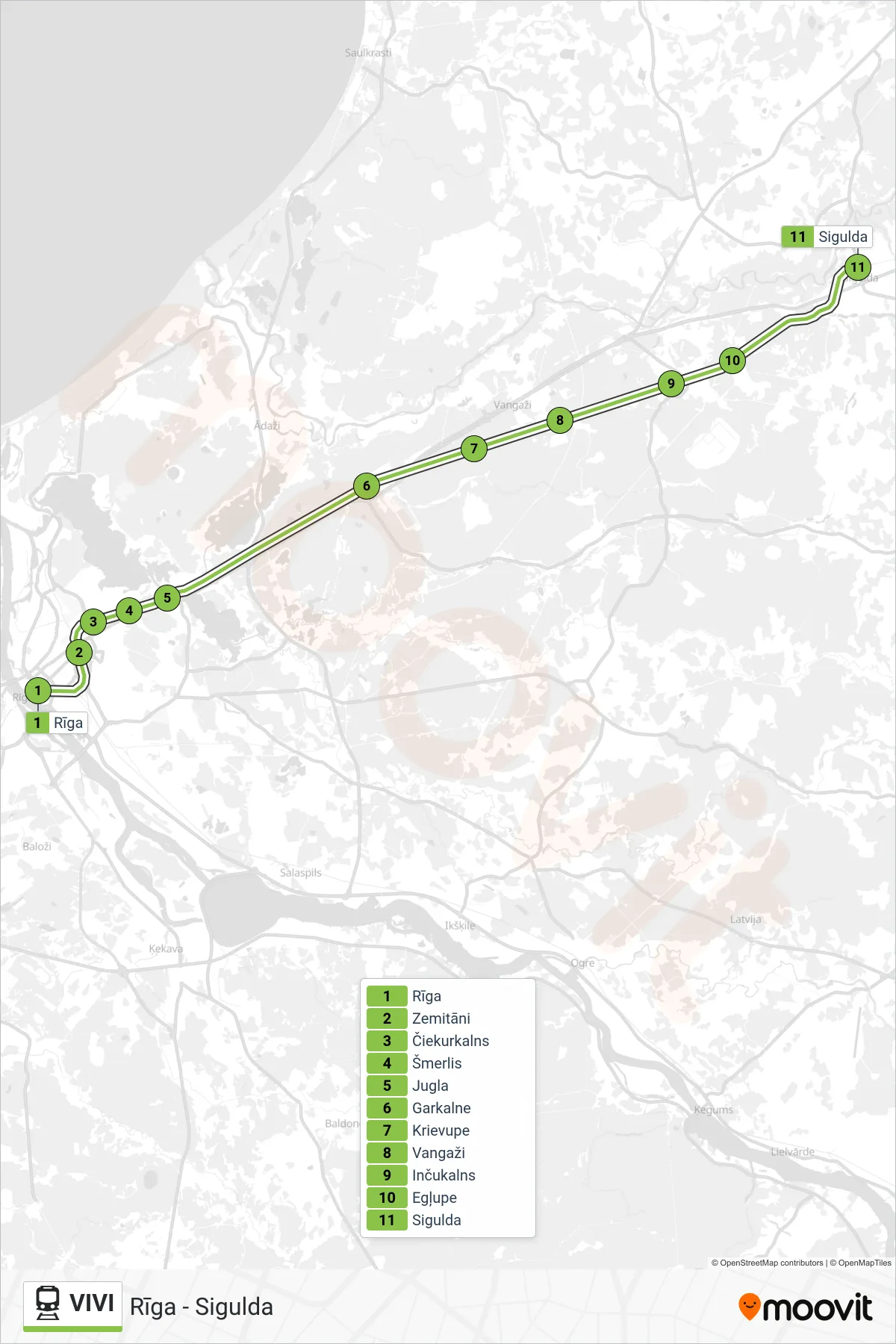 VIVI train Line (Rīga - Sigulda) route and stops on a map