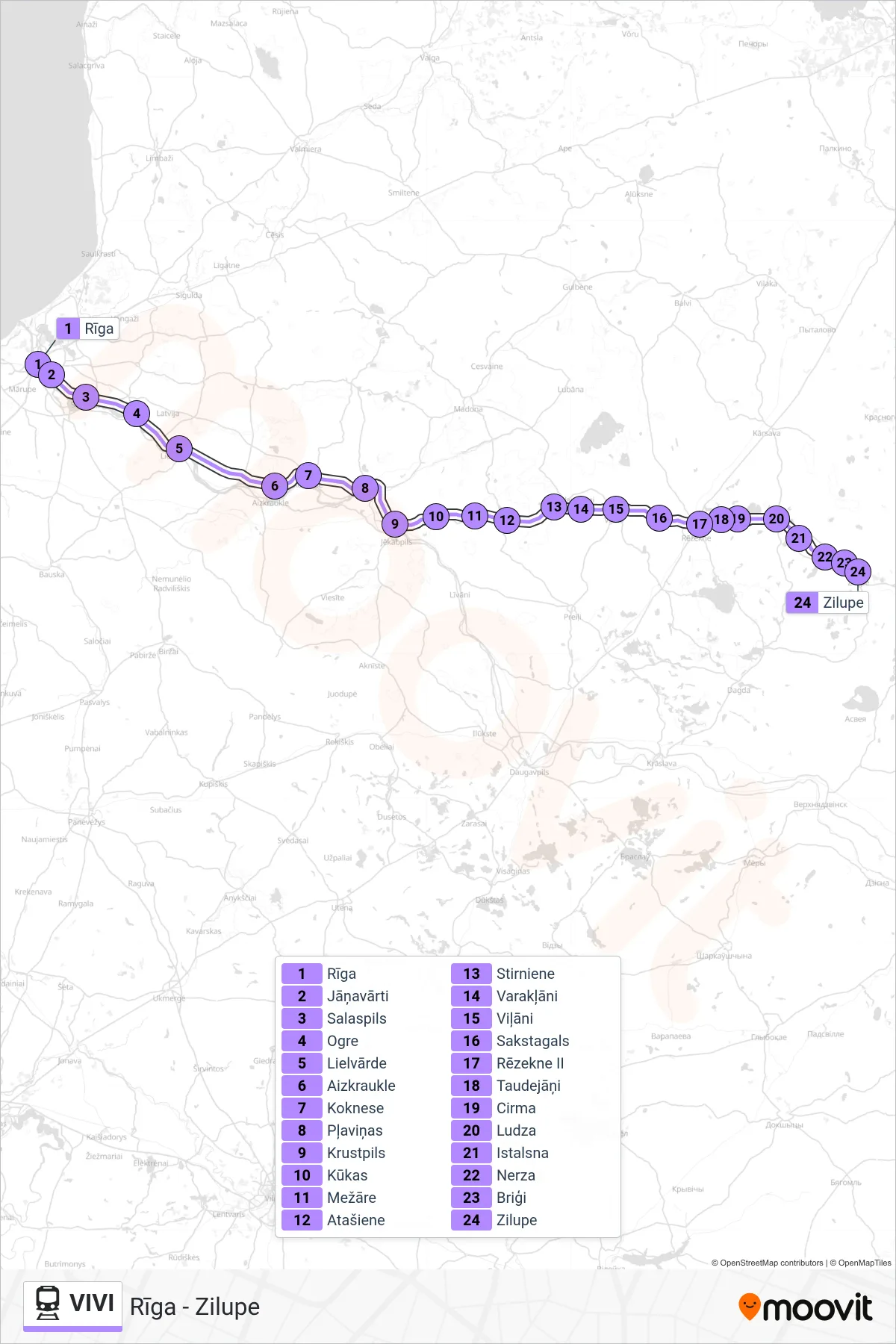 VIVI rail Line (Rīga - Zilupe) route and stops on a map