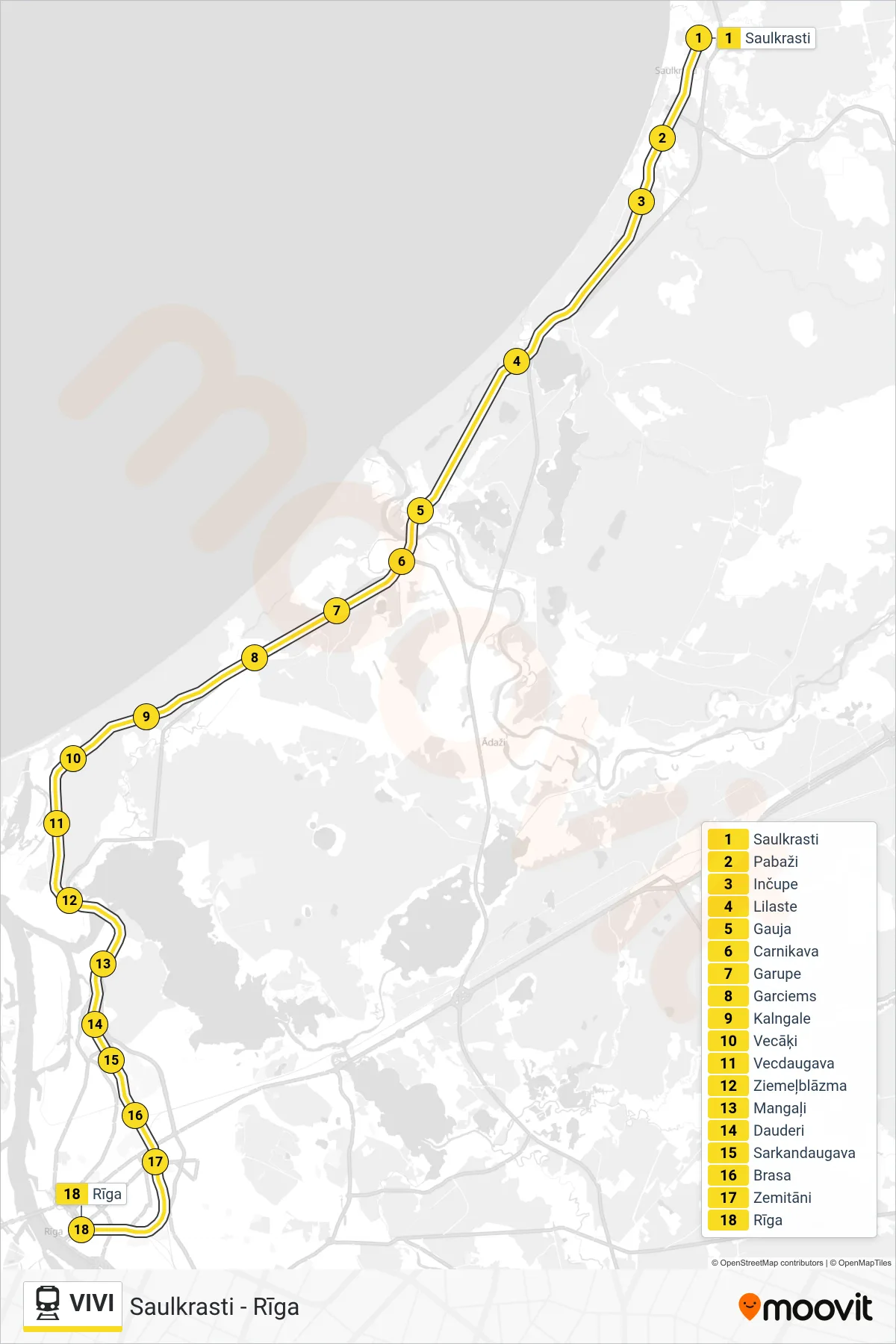 VIVI rail Line (Saulkrasti - Rīga) route and stops on a map