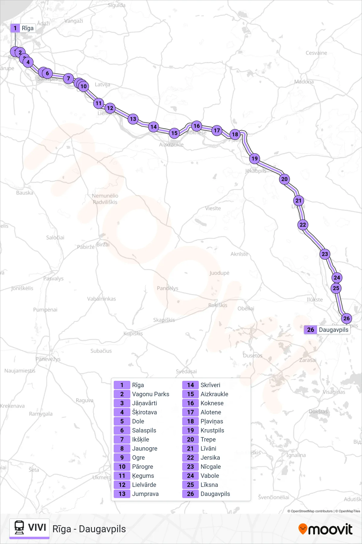 VIVI rail Line (Rīga - Daugavpils) route and stops on a map