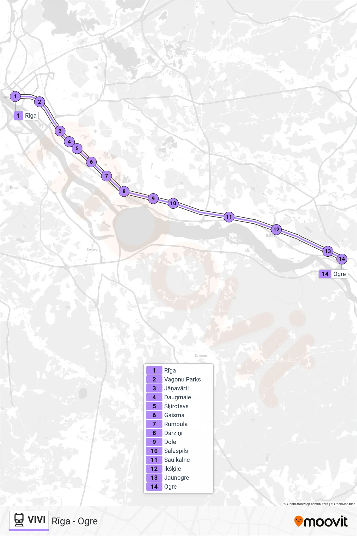 VIVI rail Line (Rīga - Ogre) route and stops on a map