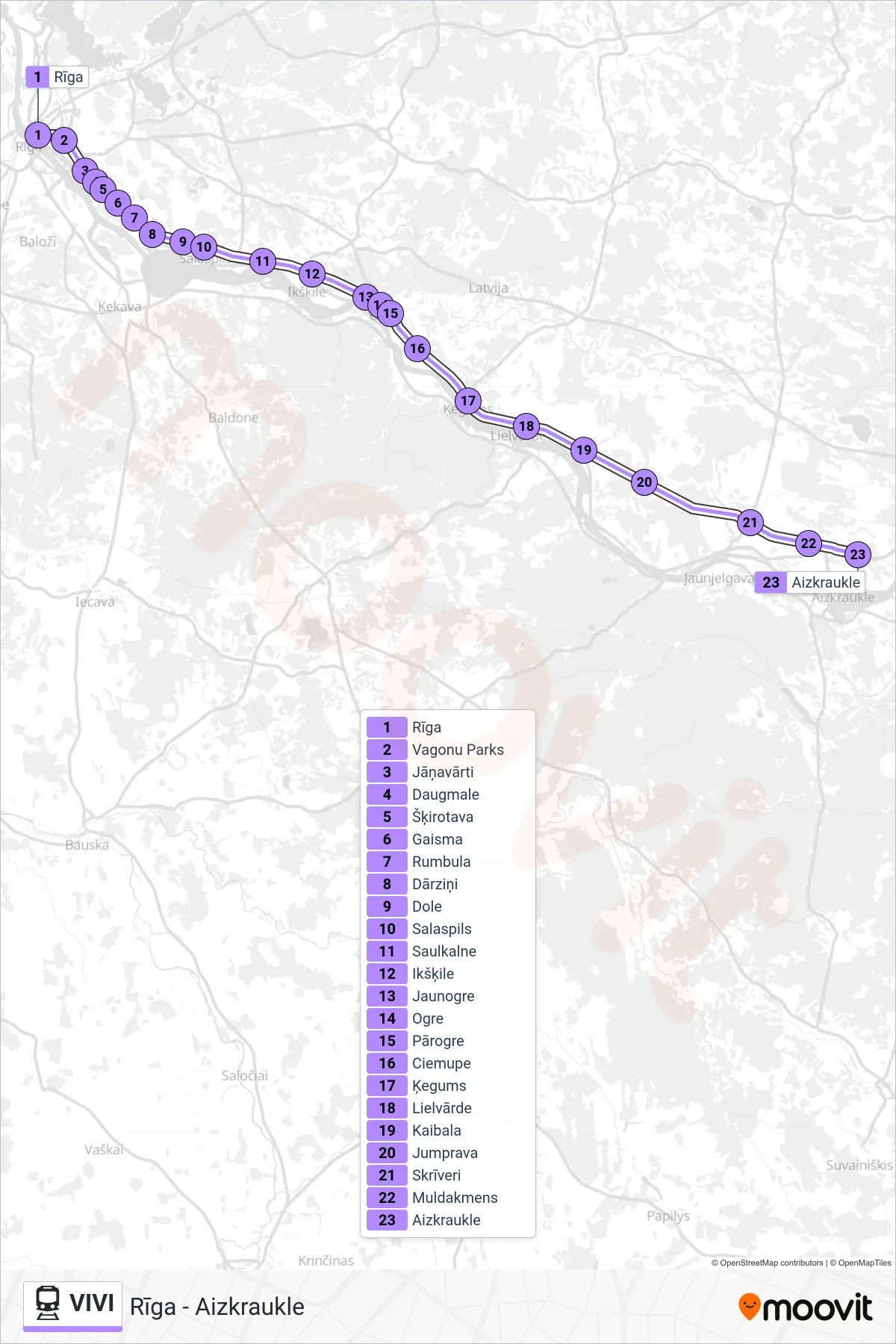 VIVI rail Line (Rīga - Aizkraukle) route and stops on a map