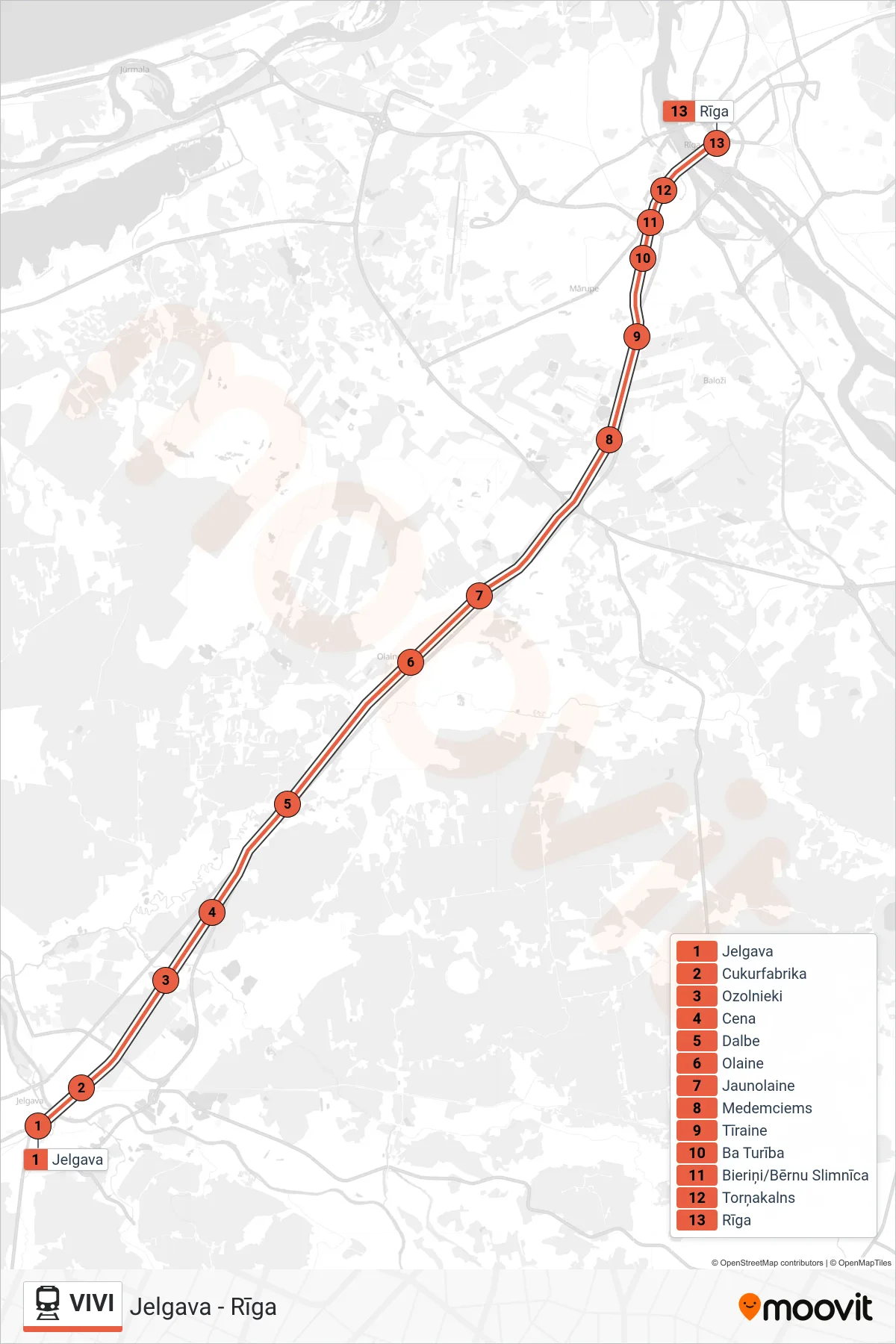 VIVI train Line (Jelgava - Rīga) route and stops on a map
