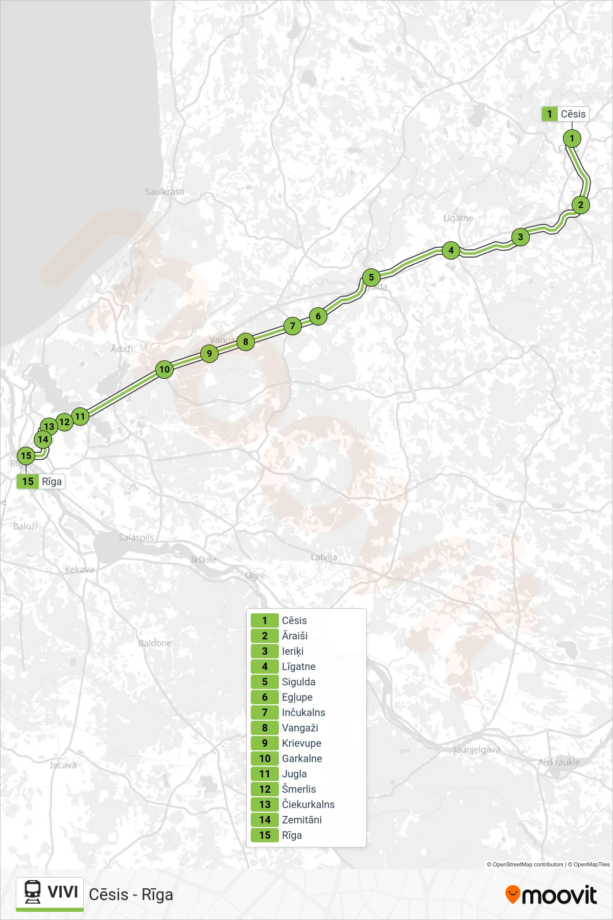 VIVI rail Line (Cēsis - Rīga) route and stops on a map